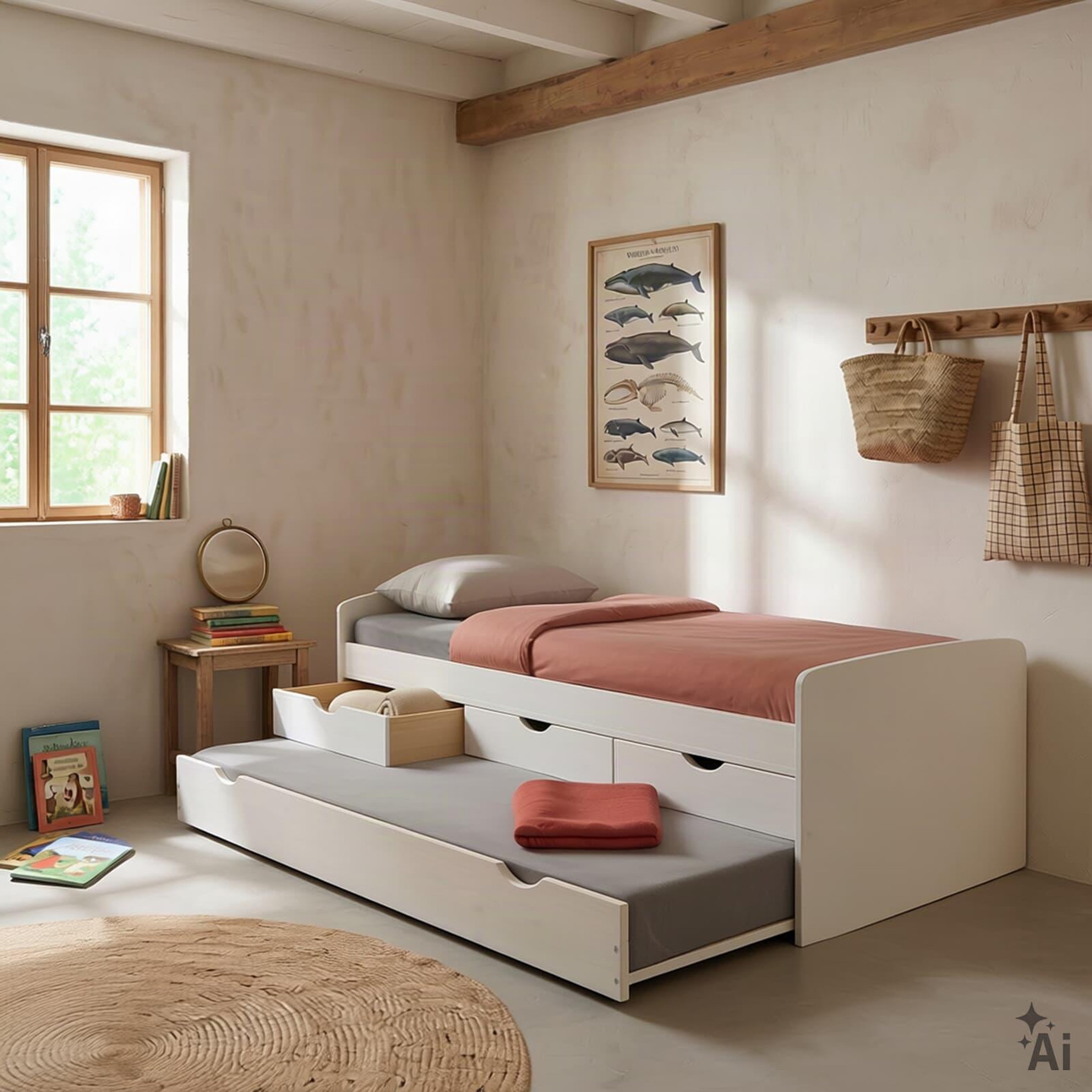 Voir la diapositive 3 : IDIMEX Lit gigogne avec rangements jessy, 90 x 190 cm en pin massif