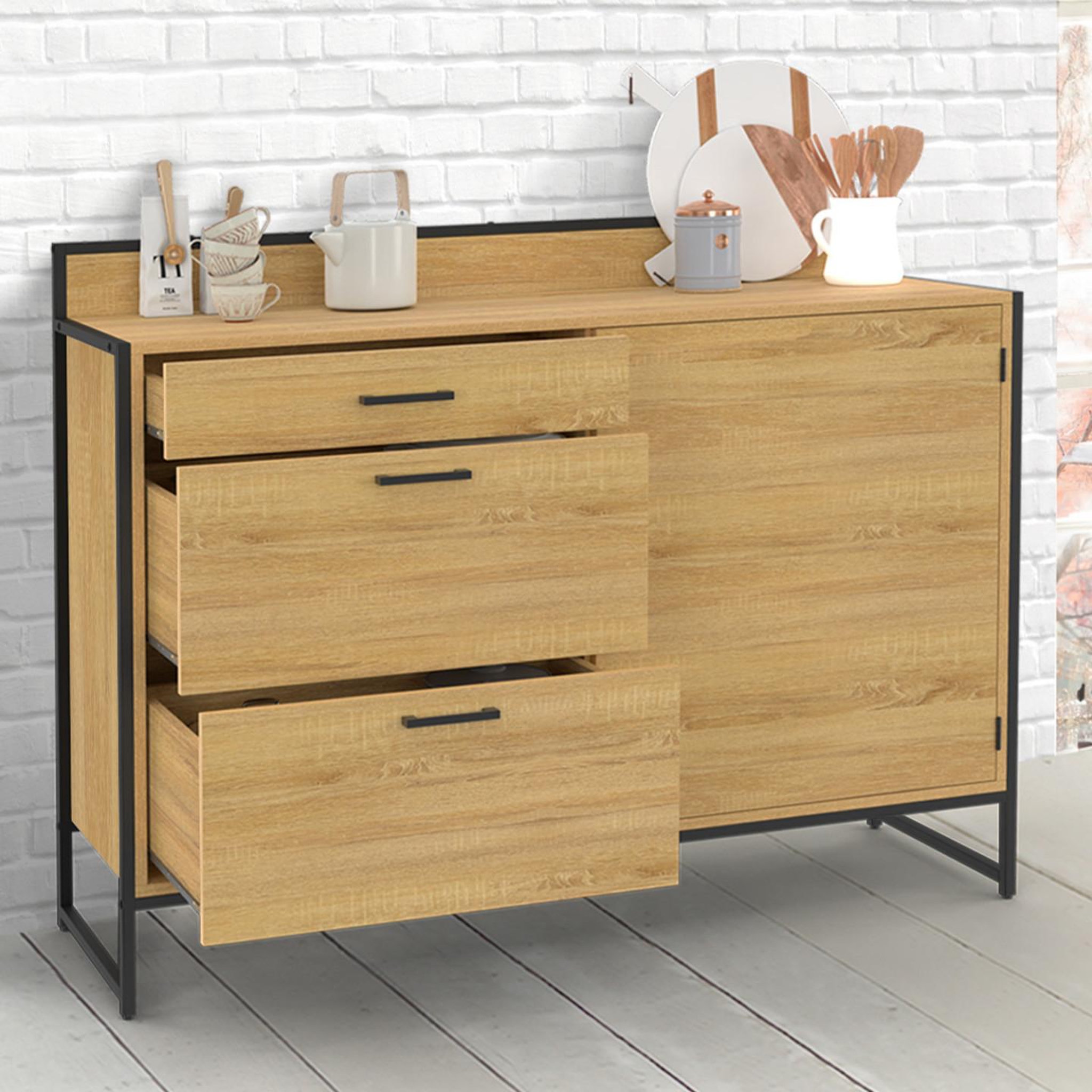 Voir la diapositive 2 : ID MARKET Buffet bas casserolier de cuisine 120 cm detroit plan de travail h.83 cm 1 porte + 3 tiroirs design industriel