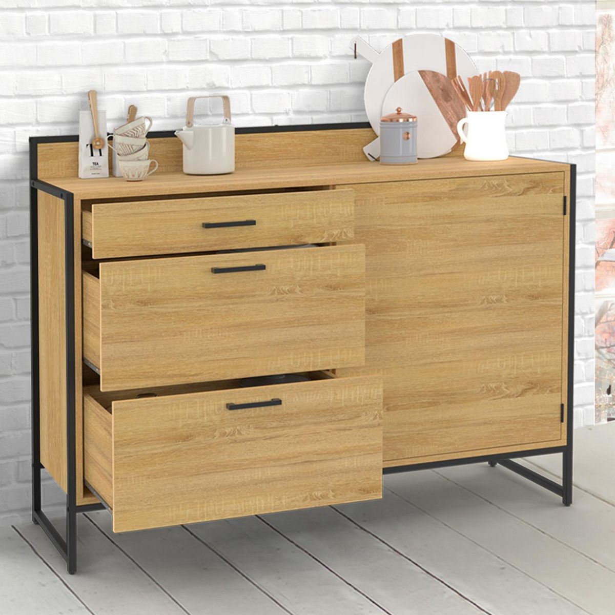 ID MARKET Buffet bas casserolier de cuisine 120 cm DETROIT plan de travail H.83 cm 1 porte + 3 tiroirs design industriel