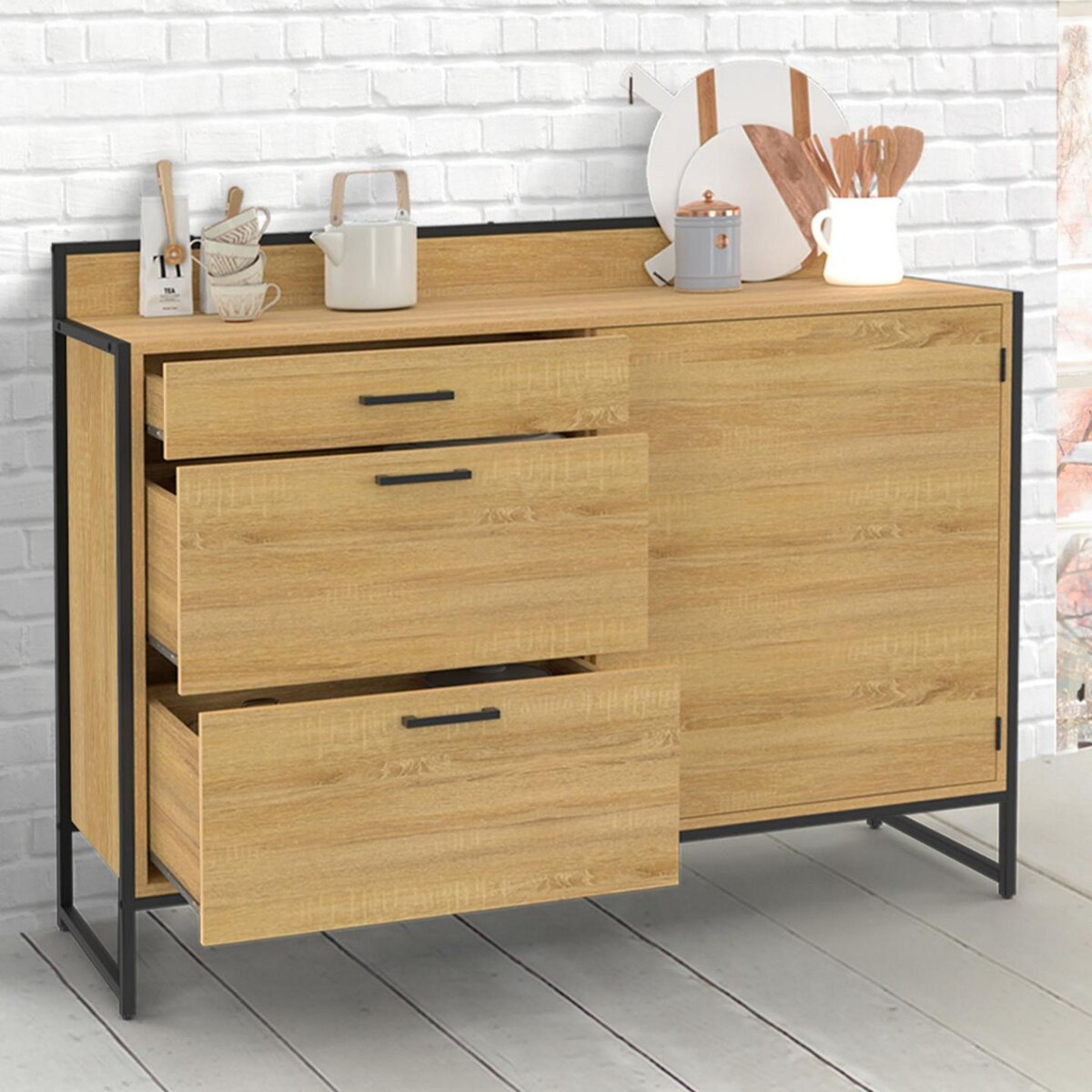 ID MARKET Buffet bas casserolier de cuisine 120 cm DETROIT plan de travail H.83 cm 1 porte + 3 tiroirs design industriel
