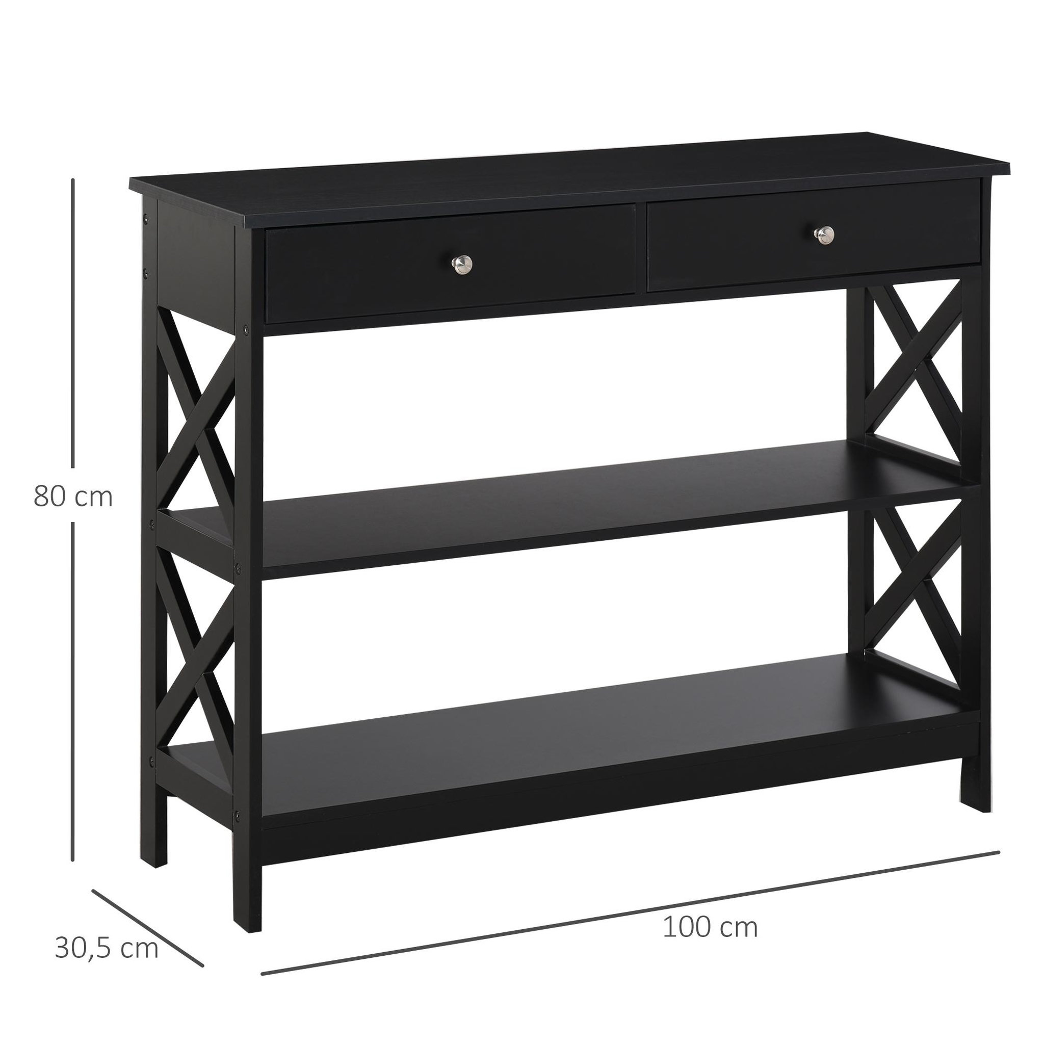 Voir la diapositive 3 : HOMCOM Console style table de drapier néo-rétro 2 tiroirs 2 étagères dim. 100L x 30l x 80H cm MDF noir