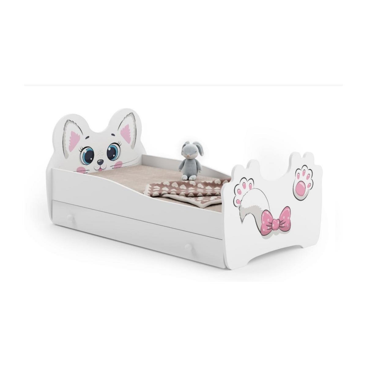 KOBI Lit simple enfant  PINK CAT 160 + tiroir de rangement avec matelas