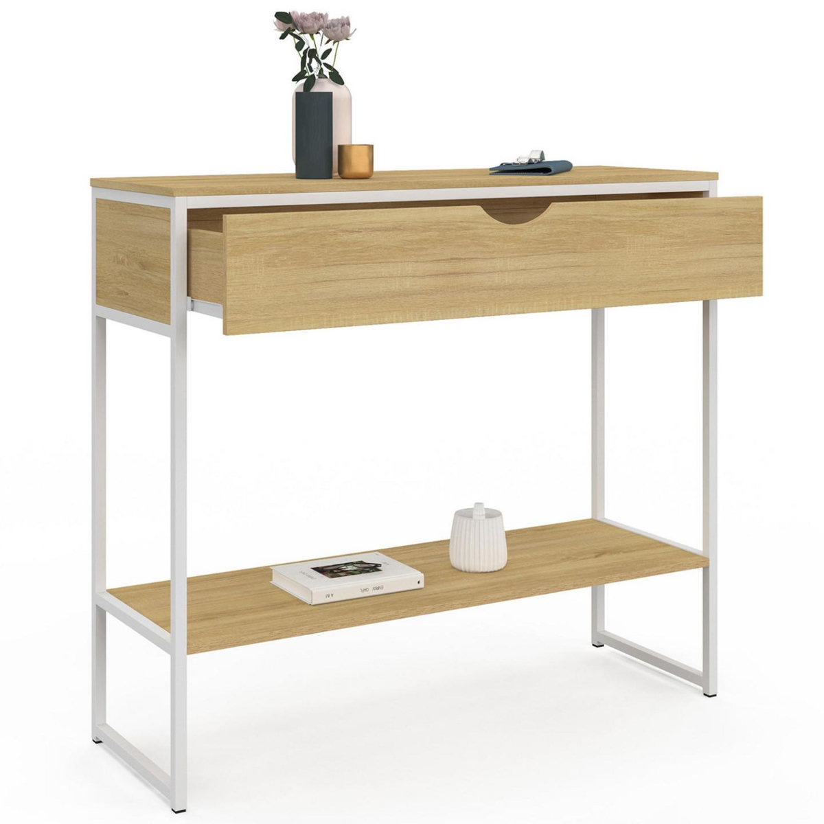 ID MARKET Console 1 tiroir DETROIT 1 étagère design industriel bois et métal blanc