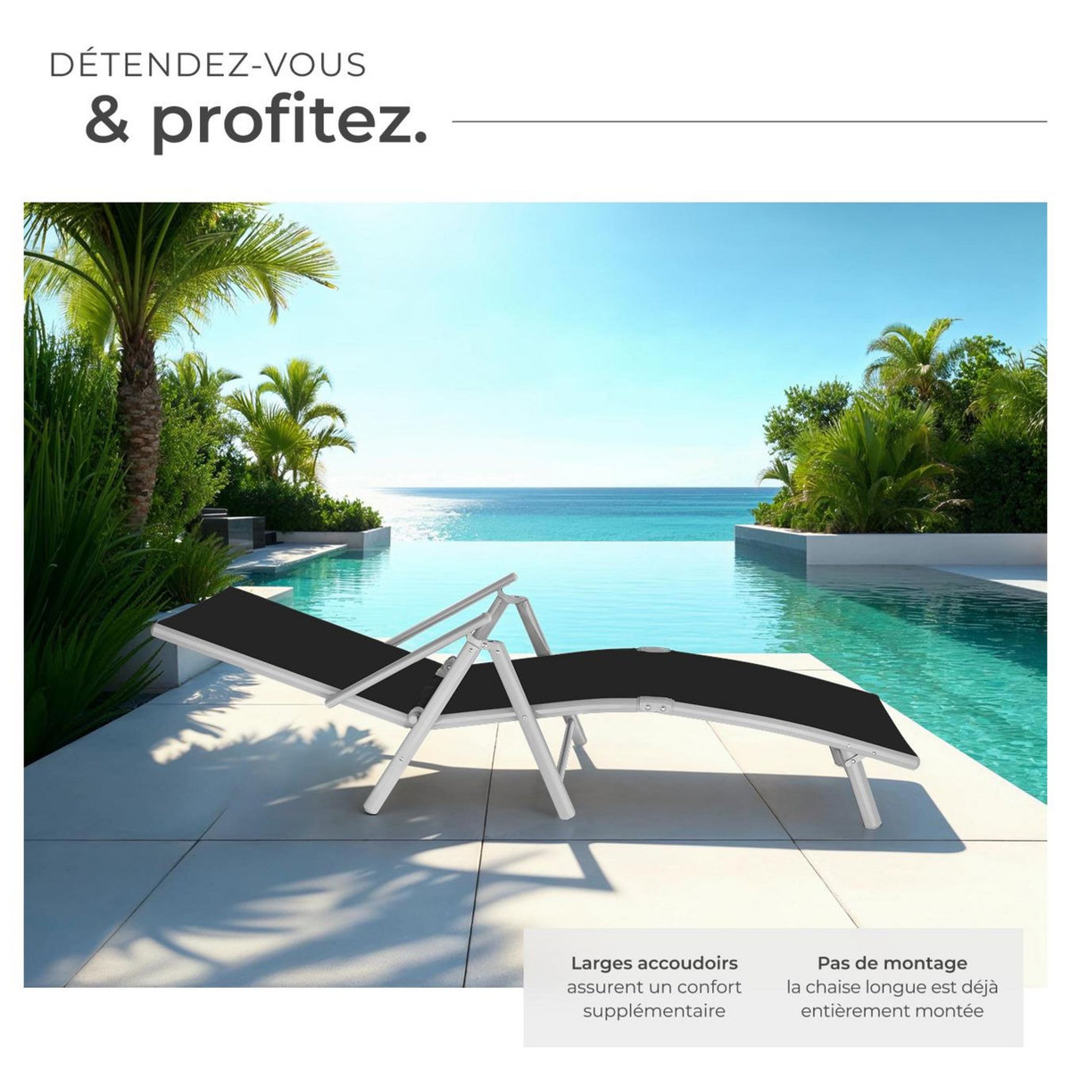 tectake Transat en acier pliable noir/gris