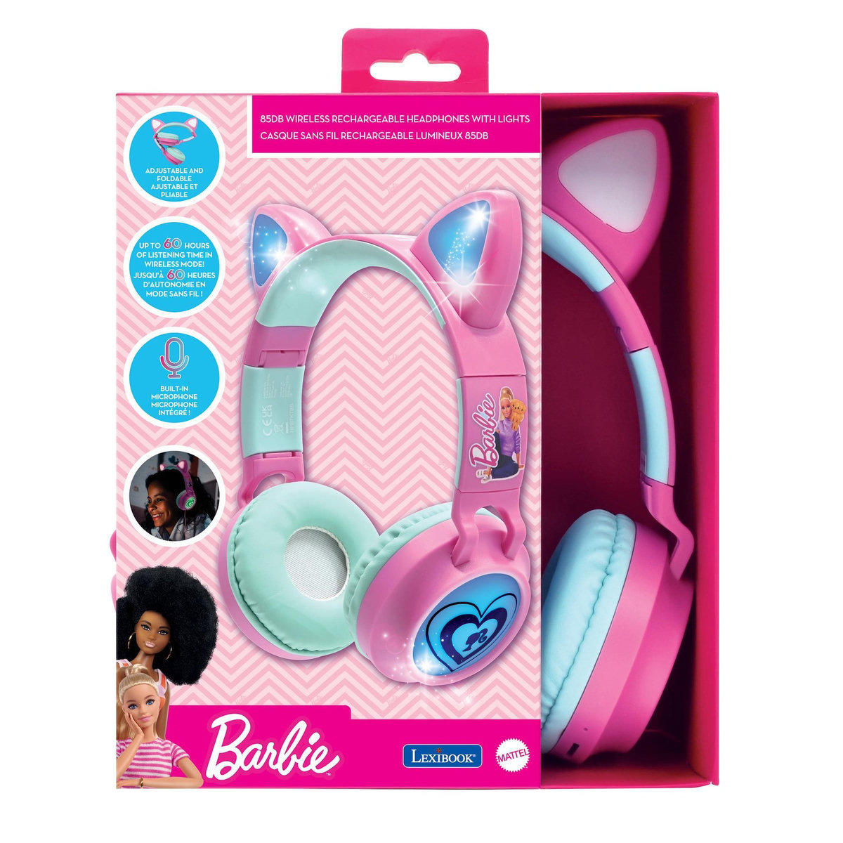 Lexibook Casque Barbie sans fil rechargeable lumineux avec oreilles de chat