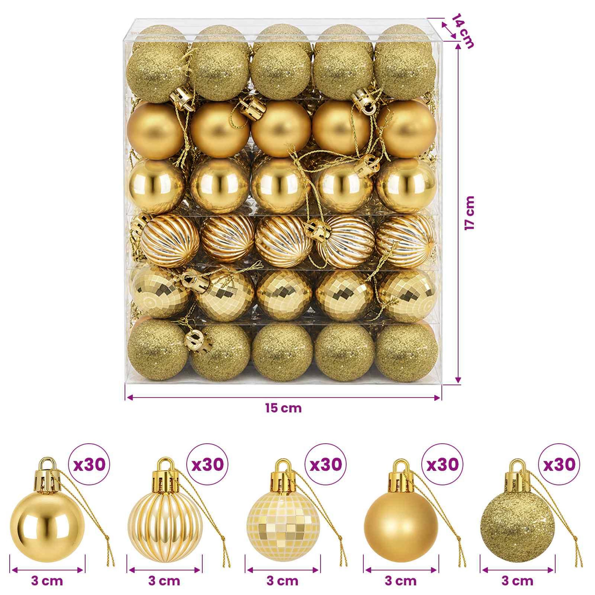 Voir la diapositive 3 : VIDAXL Ensemble de boules de Noël 150 pc Dore Diam. 3 cm Polystyrene