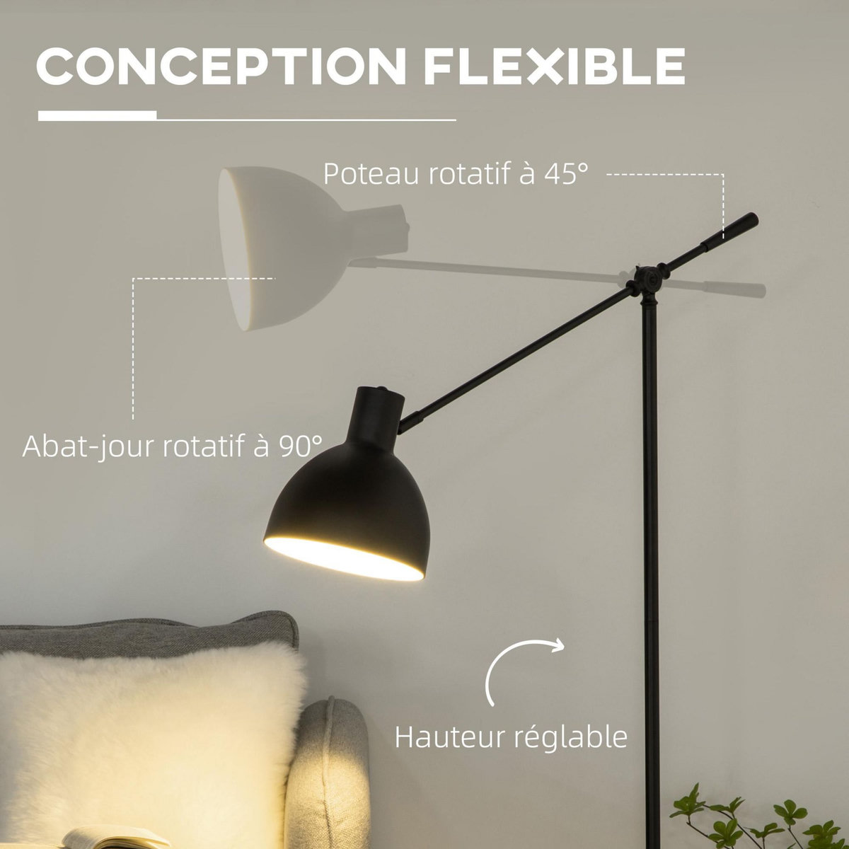 HOMCOM Lampadaire sur pied salon bureau 40W E27 - hauteur réglable, abat-jour et bras orientable - acier noir