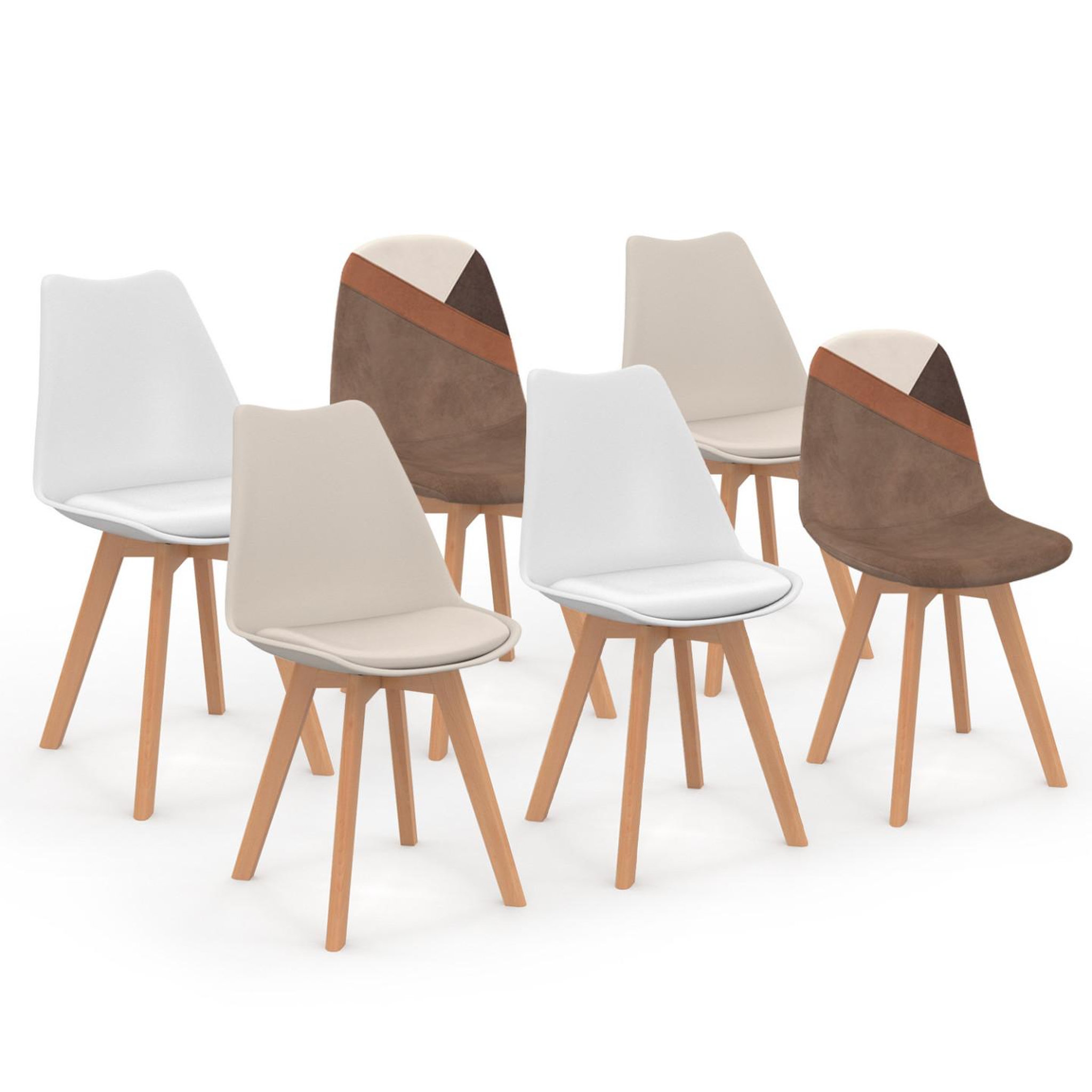 ID MARKET Lot de 6 chaises scandinaves sara beige, blanc et velours patchworks marron et beige