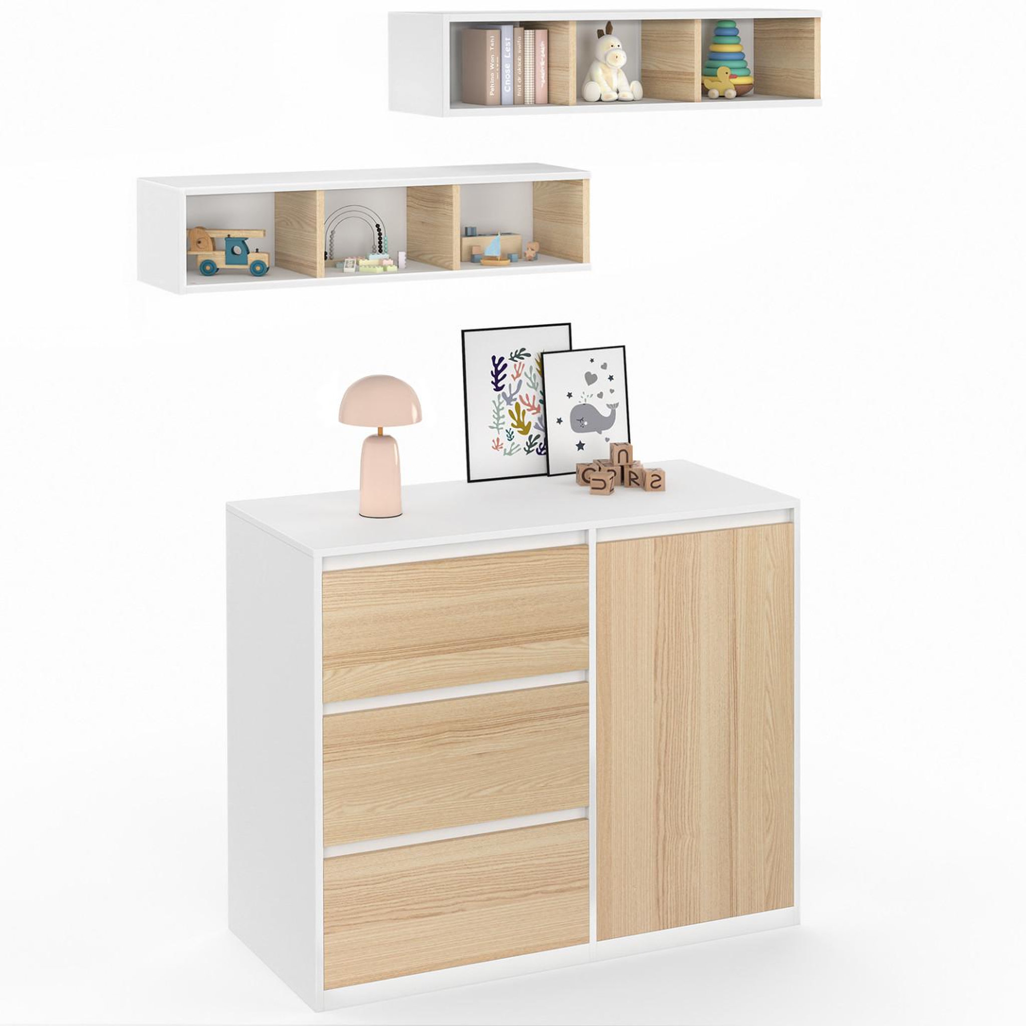 Voir la diapositive 4 : ID MARKET Commode à langer évolutive ambre façon hêtre et blanc 3 tiroirs, 1 panier à linge, table à langer et 2 étagères amovibles