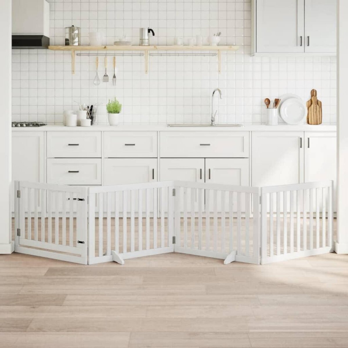 VIDAXL Barriere pour chiens et porte 4 panneaux blanc bois de peuplier