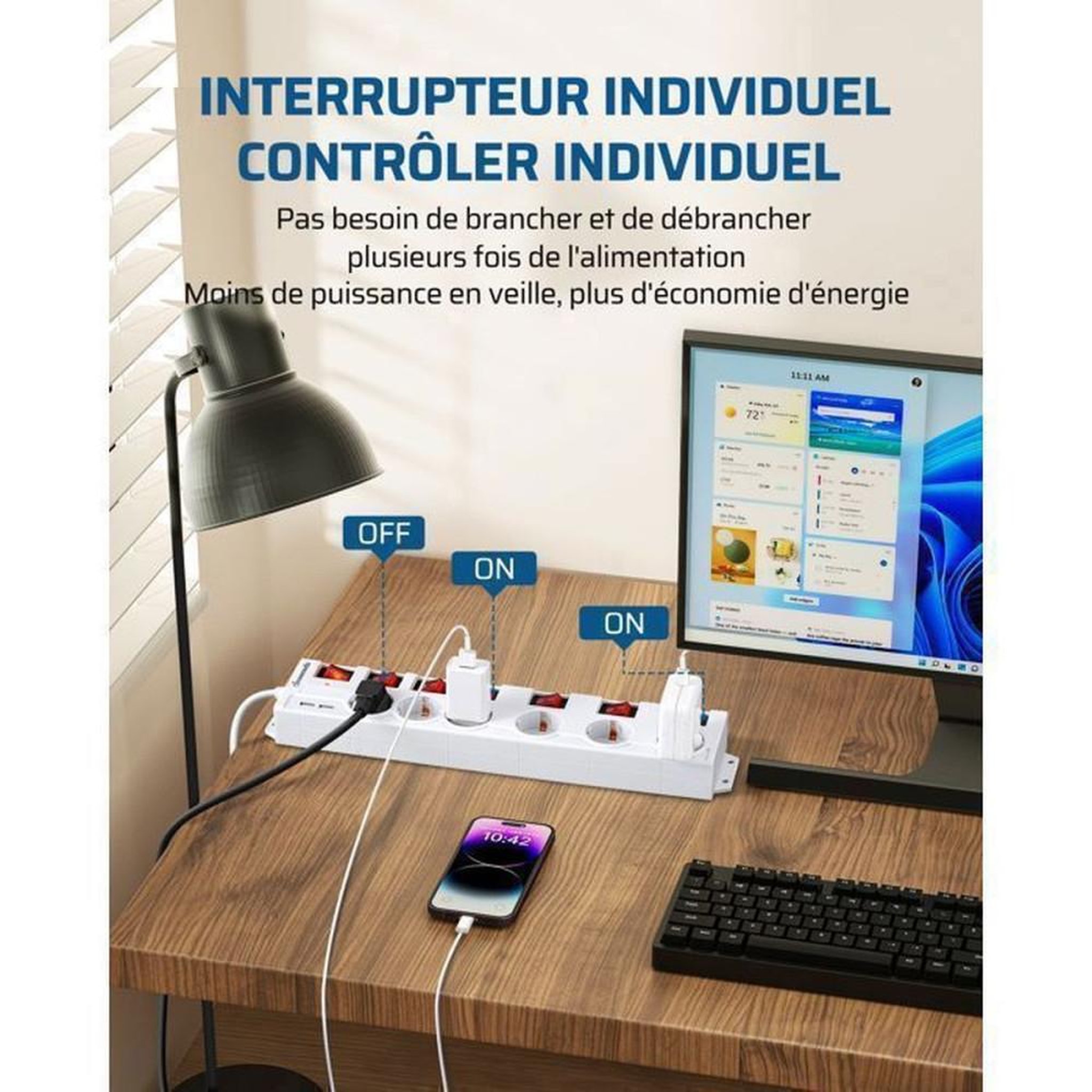 Voir la diapositive 2 : Multiprise parafoudre blanc 6 prises secteur + 2 USB 16A 3680W, câble 3 m, 7 interrupteurs bipolaires avec voyants LED