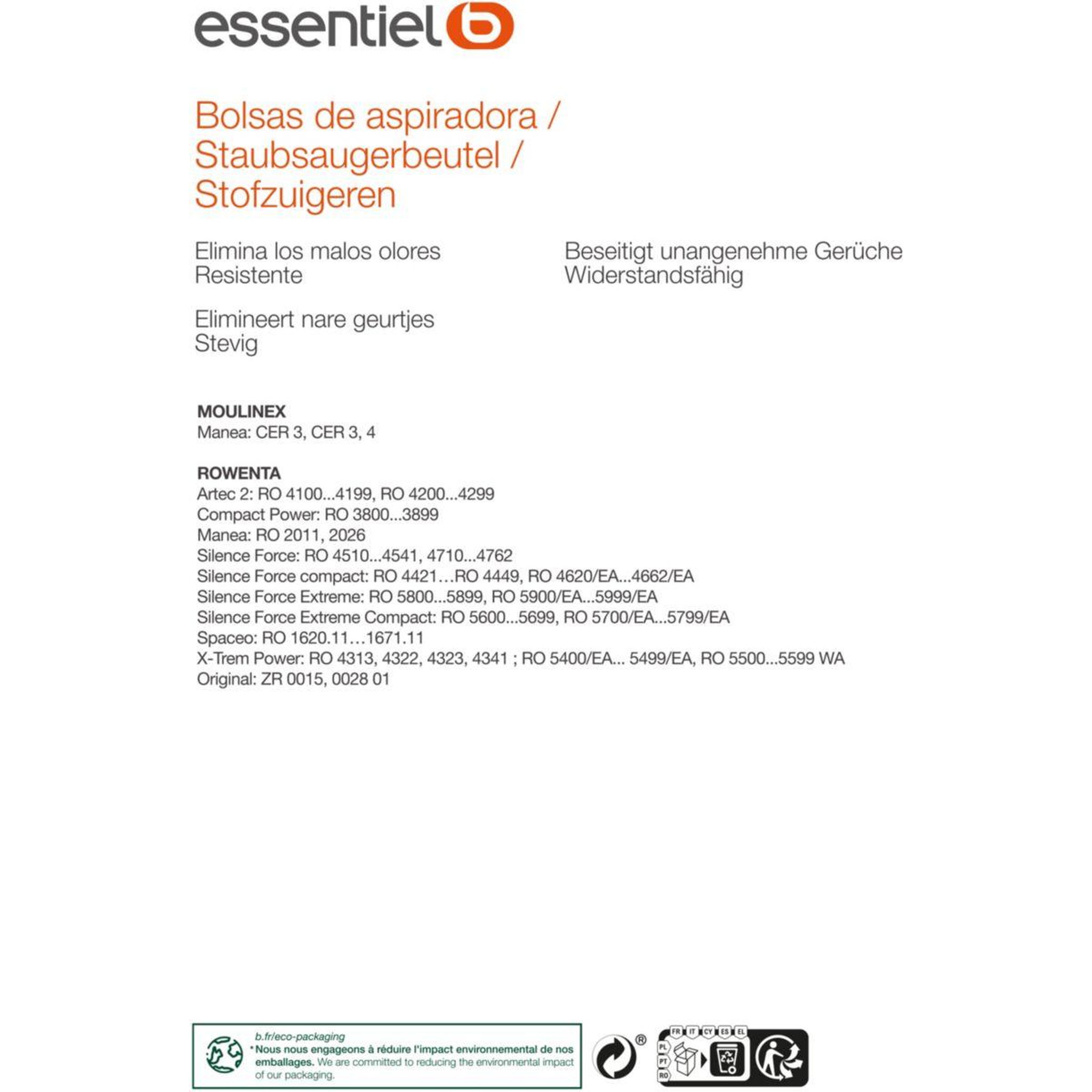 Voir la diapositive 2 : ESSENTIEL B Sac aspirateur eb2306