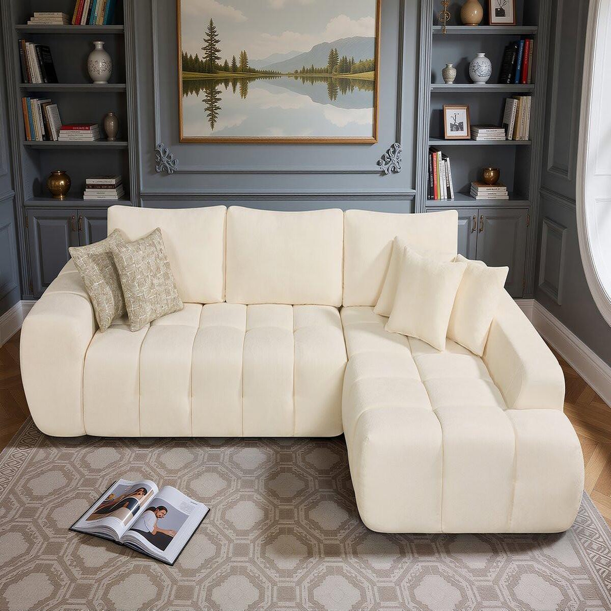 Voir la diapositive 2 : Habitat et Jardin Canapé d'angle droit en tissu style bubble  Sidonie  - 4 places - Beige