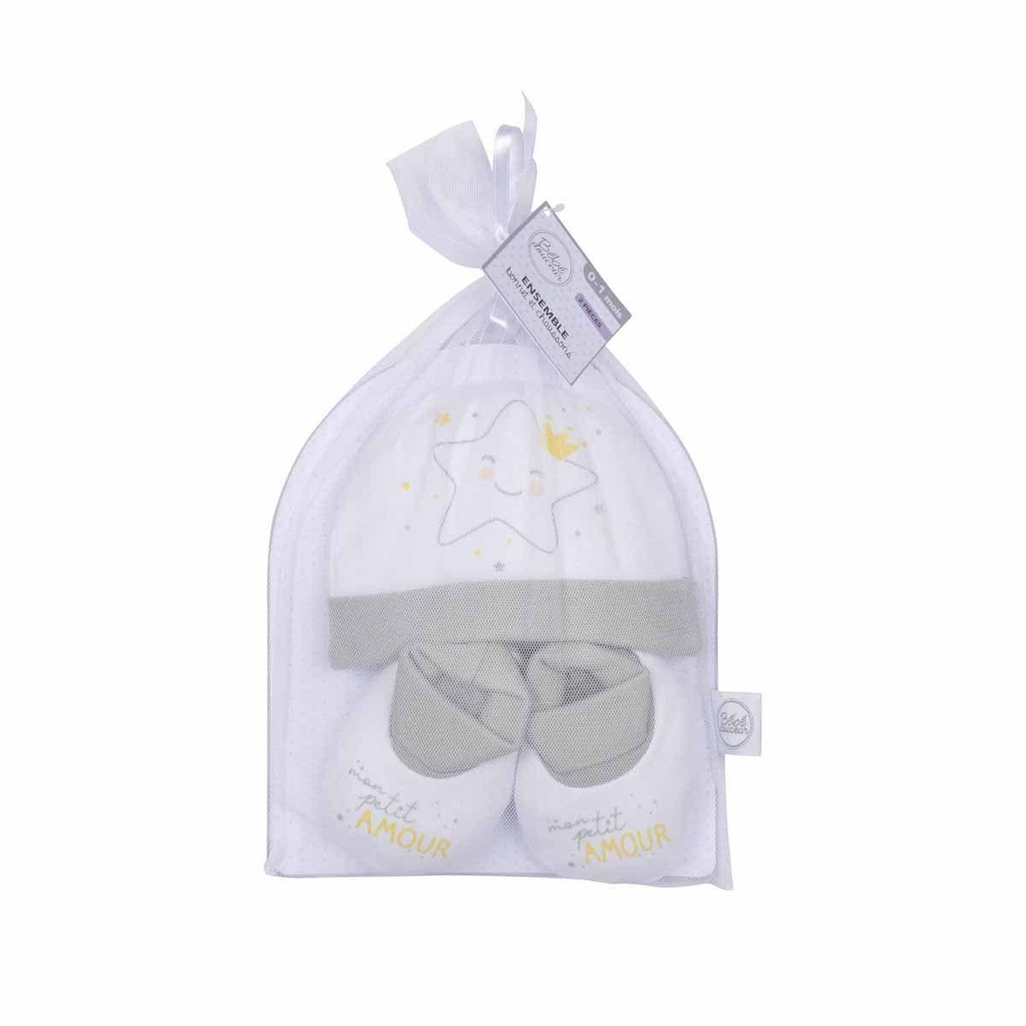 Voir la diapositive 2 : HOMEA Lot bonnet & chaussons  étoile  0 à 1 mois gris