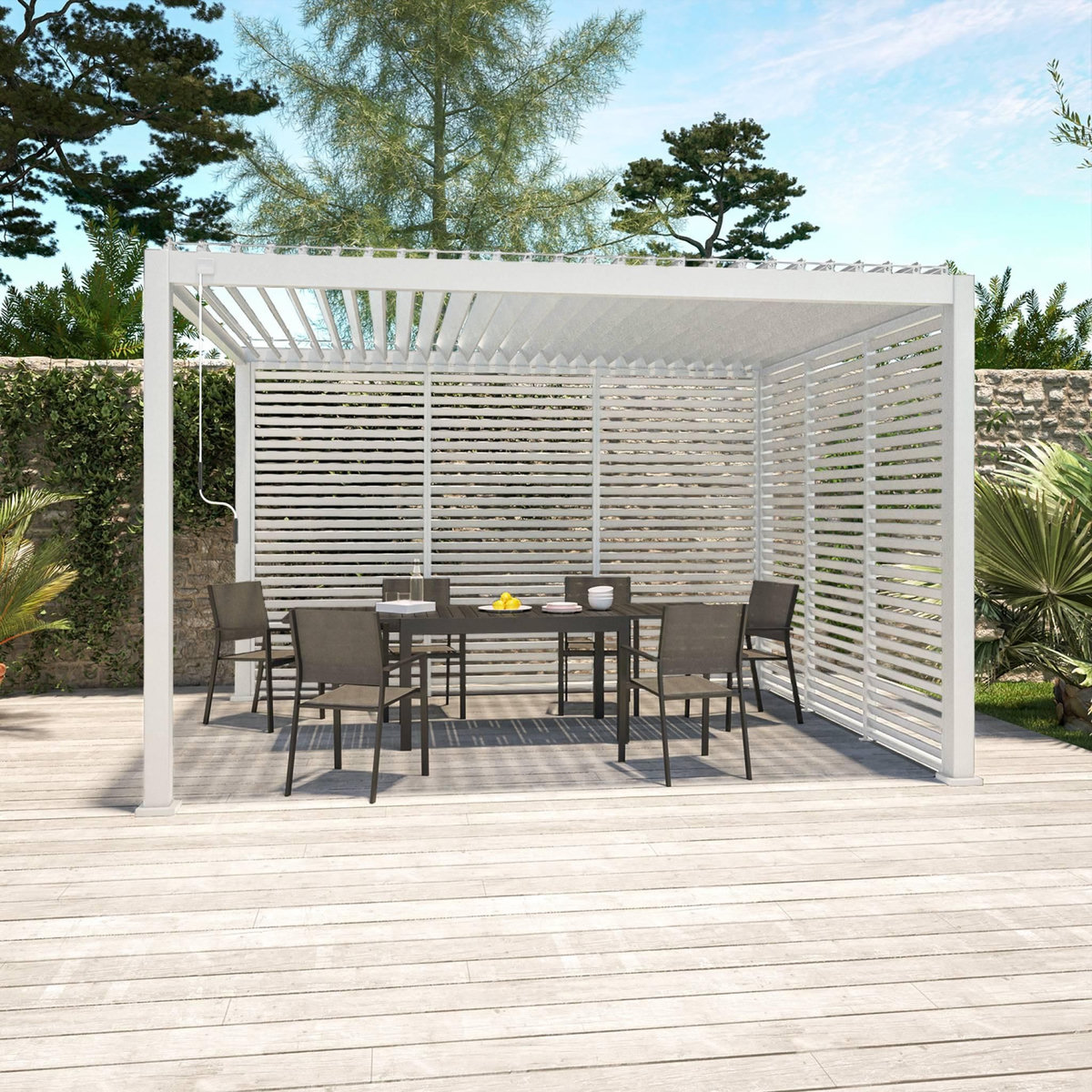 SWEEEK Pergola bioclimatique aluminium 4x3m + 3 persiennes 130cm Triomphe