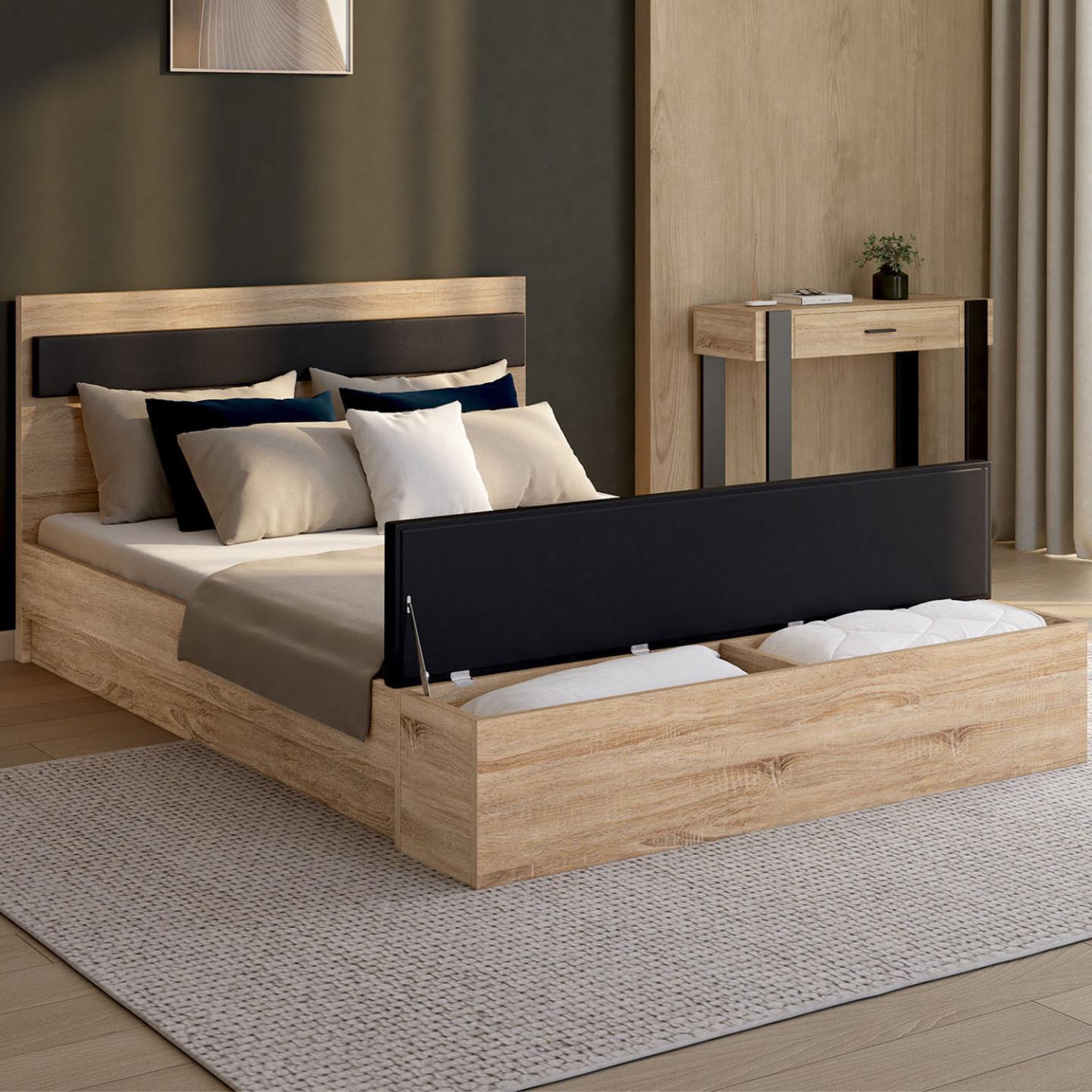 Voir la diapositive 4 : ID MARKET Lit double gaelle tête de lit + banc coffre et sommier 140 x 190 cm bois et noir