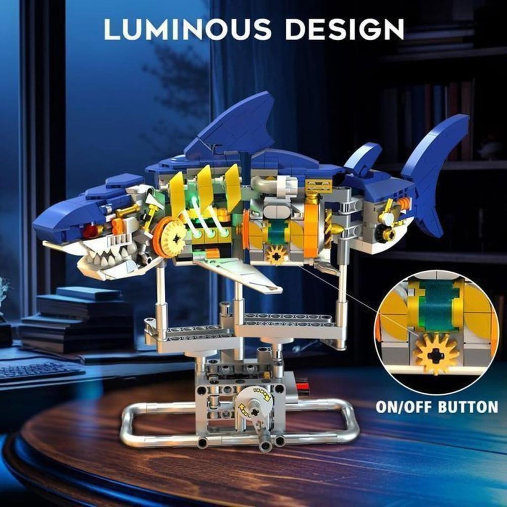 Voir la diapositive 2 : Coffret de construction requin mécanique 687 pièces ABS avec éclairage LED vert et mécanisme d'engrenage animé