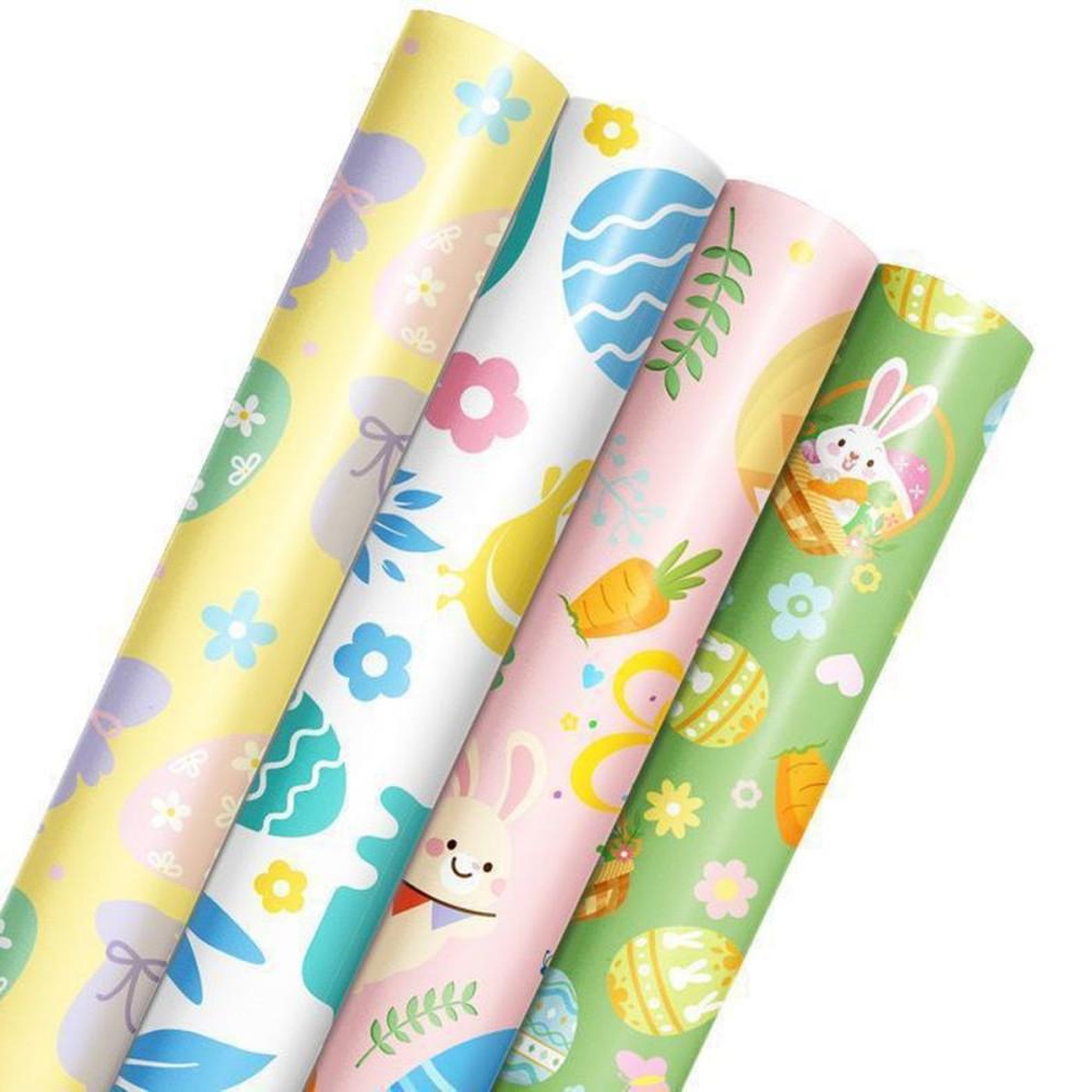 Papier cadeau de Pâques en rouleaux 40 cm x 3 m, lot de 4 motifs lapins et œufs multicolores
