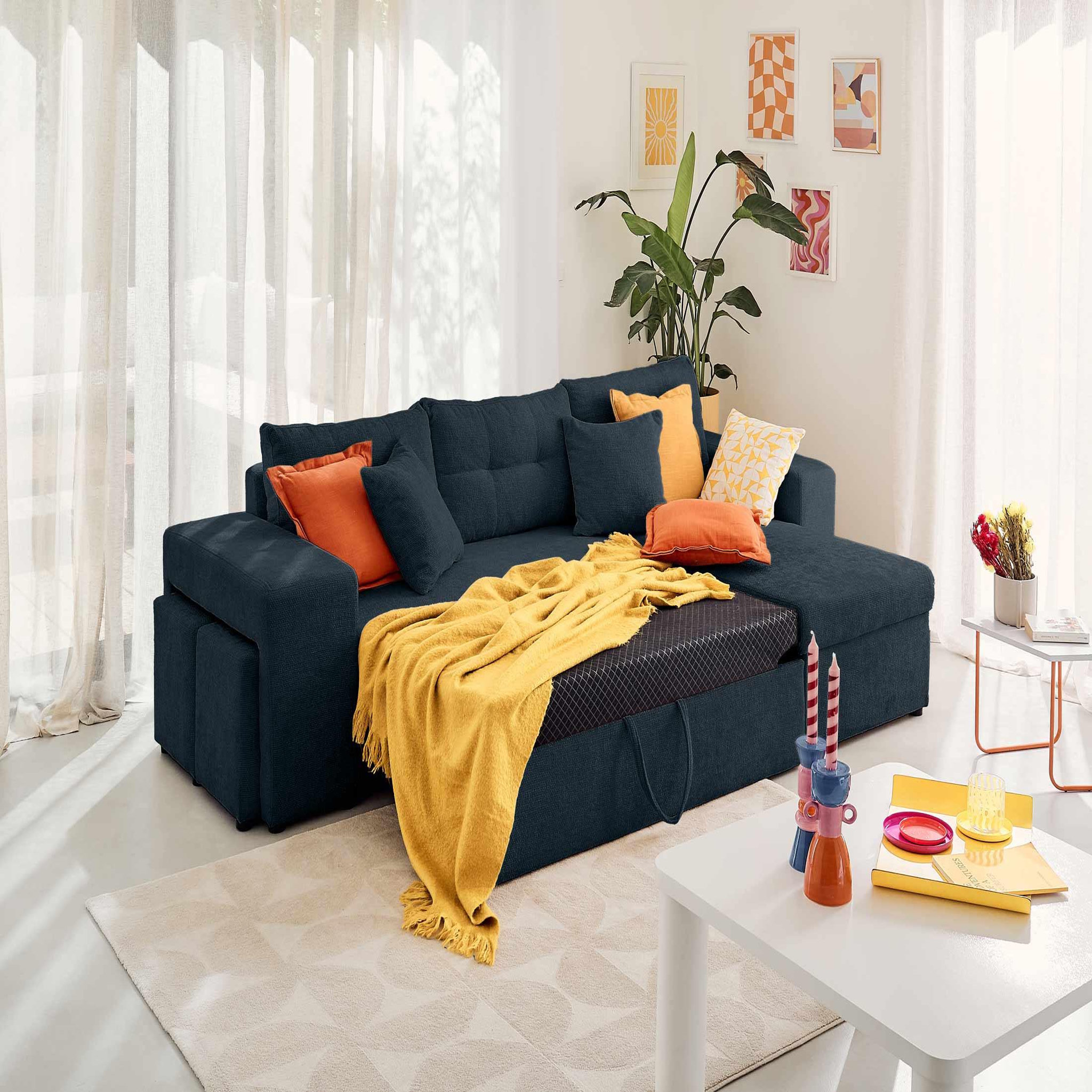 Voir la diapositive 2 : BEST MOBILIER California - canapé d'angle réversible 4 places - convertible avec coffre, étagère et poufs - en velours texturé