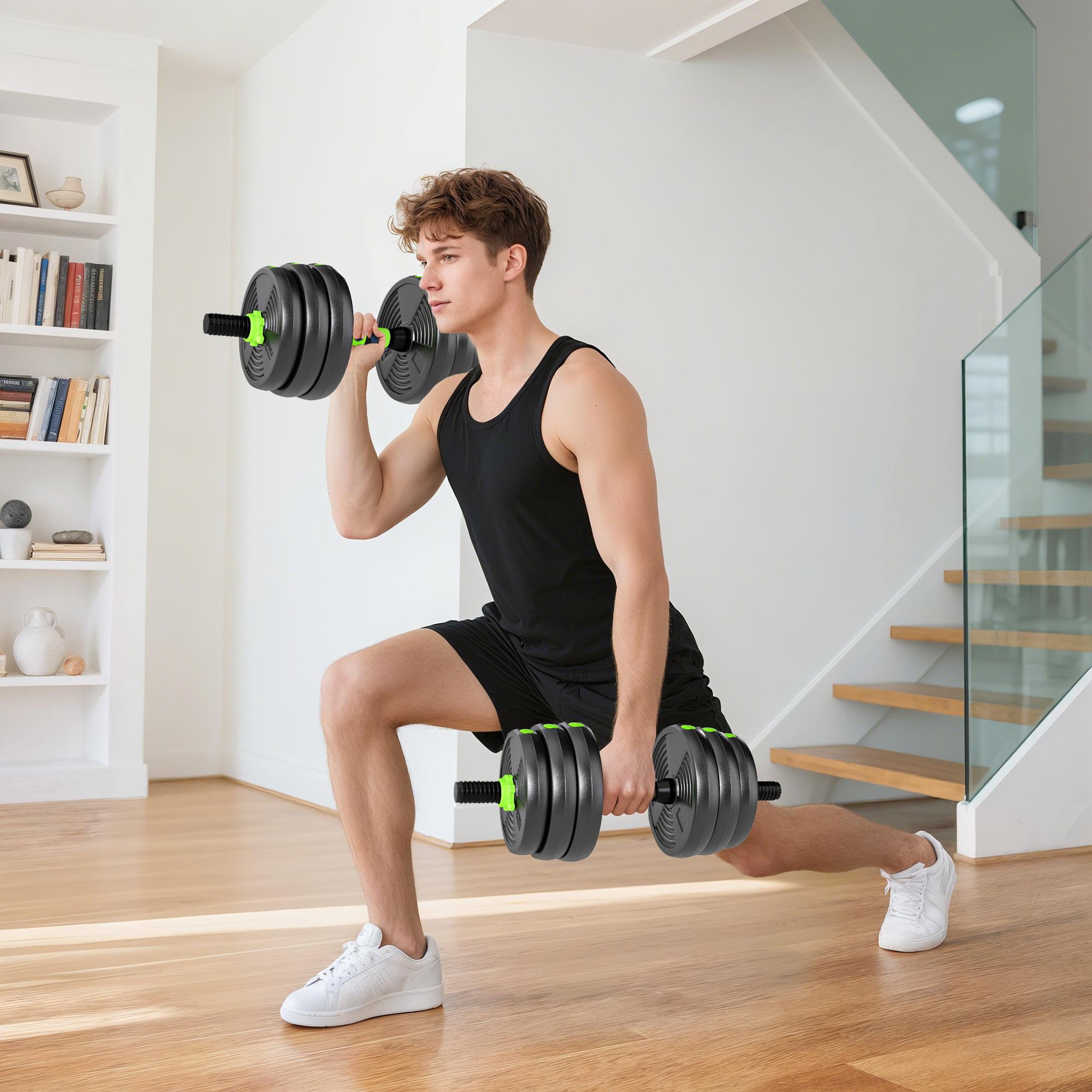 Voir la diapositive 2 : HOMCOM Ensemble d'haltères musculation multifonction 3 en 1 - haltères, olympic barre, curl ez barre - total 20kg - pvc vert noir