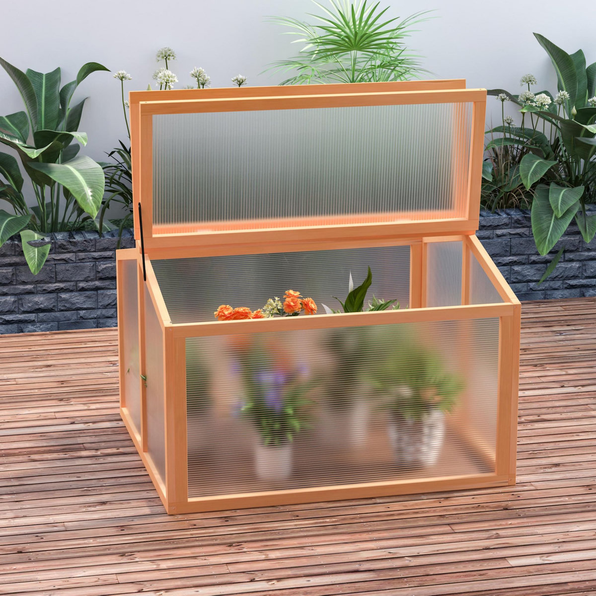 OUTSUNNY Mini serre de jardin serre à tomates dim. 90L x 80l x 58H cm toits ouvrables panneaux de polycarbonate bois sapin pré-huilé