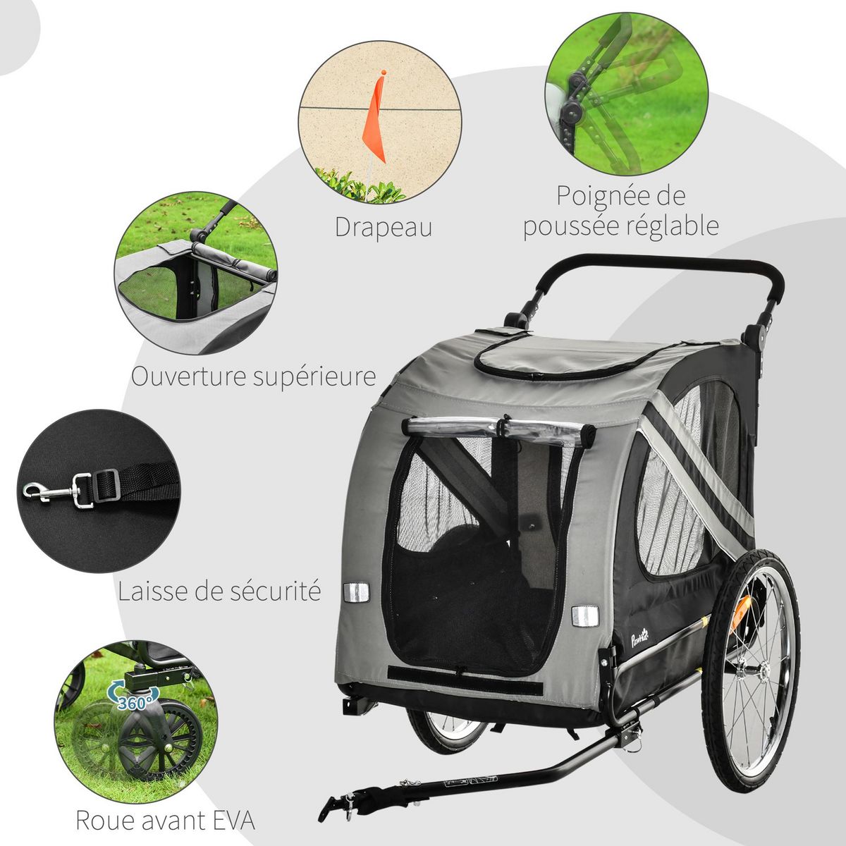 PAWHUT Remorque vélo jogger 2 en 1 pour animaux drapeau roue avant pivotante réflecteurs gris noir