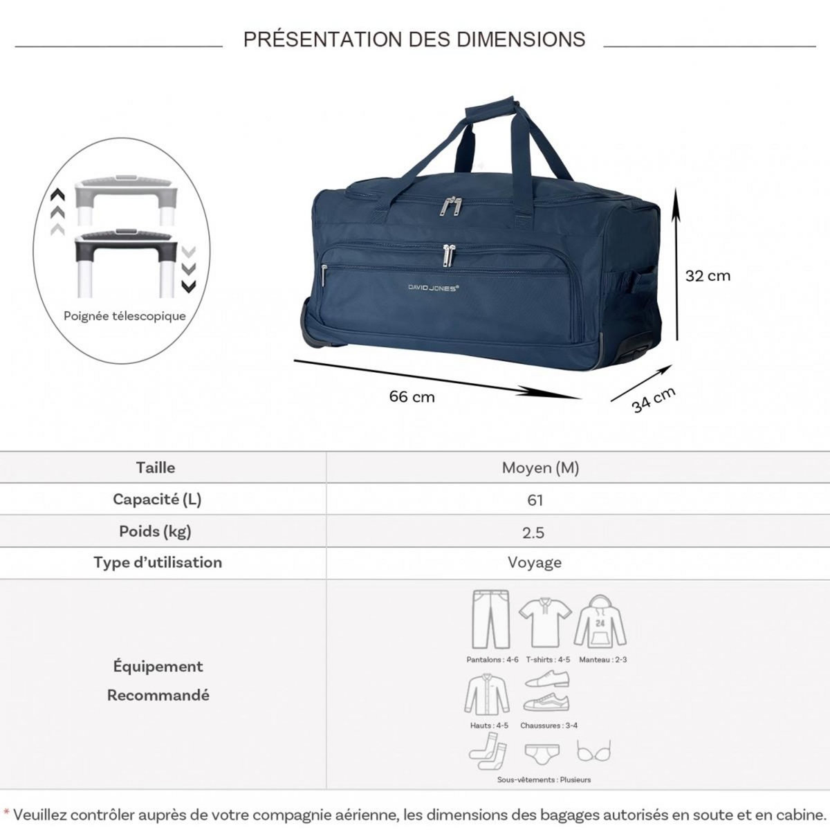 David Jones Sac de voyage avec roulettes 61L  66cm