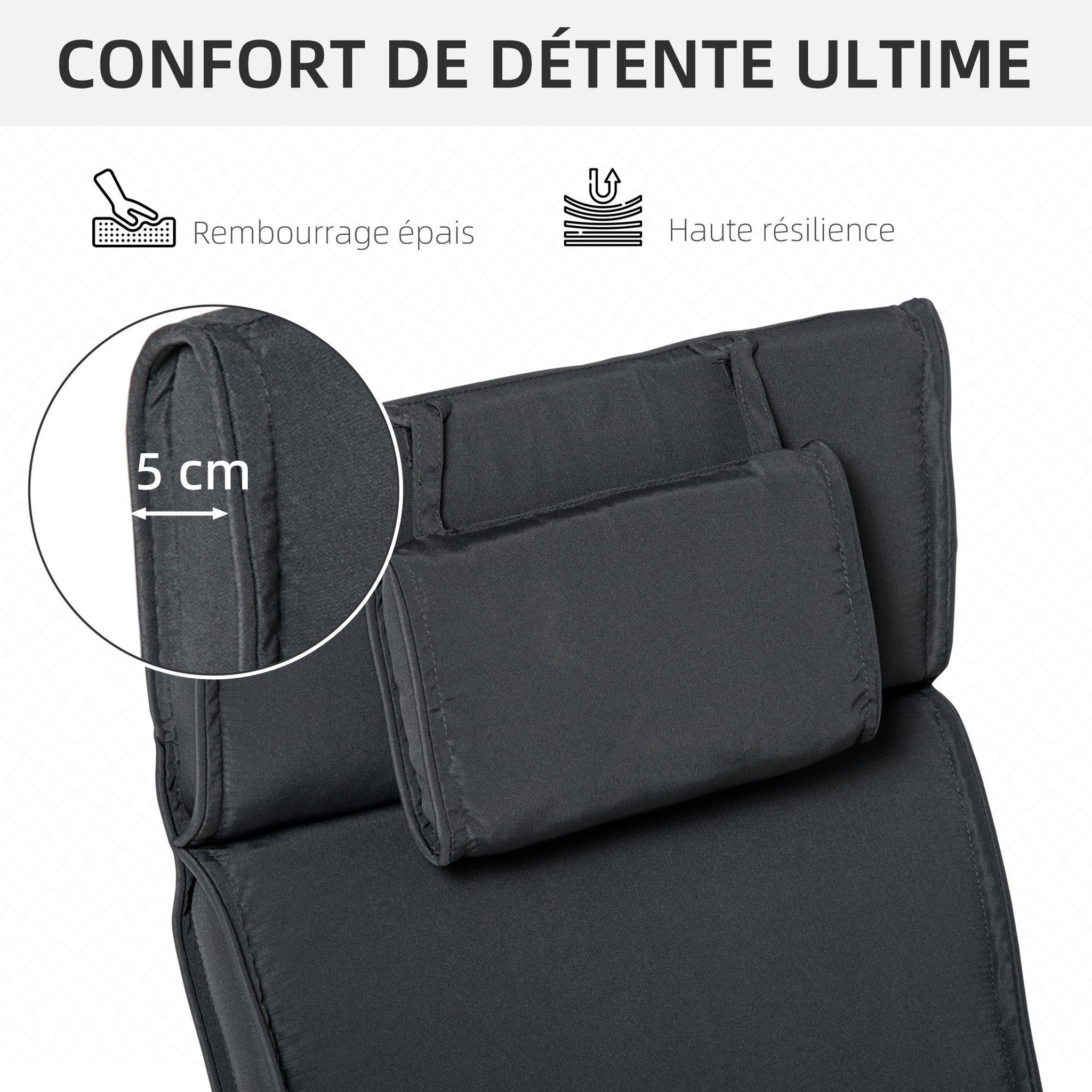 Voir la diapositive 4 : OUTSUNNY Matelas bain de soleil déhoussable - coussin de transat - matelas de chaise longue - 198 x 53 x 5 cm - tissu gris