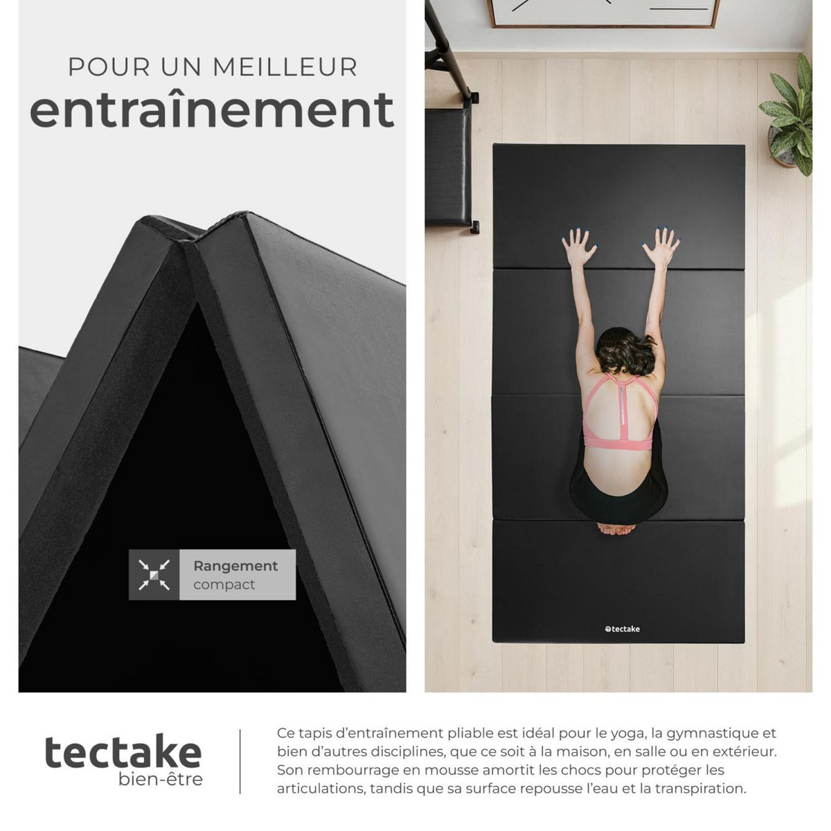 tectake Tapis de gymnastique pliable et extensible noir
