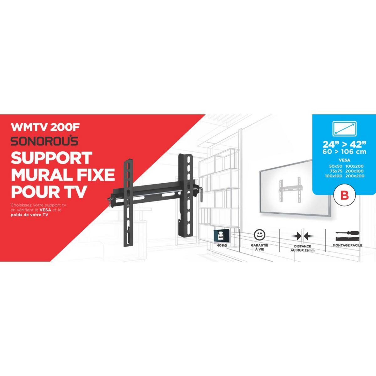 SONOROUS Support mural TV 24 a 42 pouces - WMTV 200F