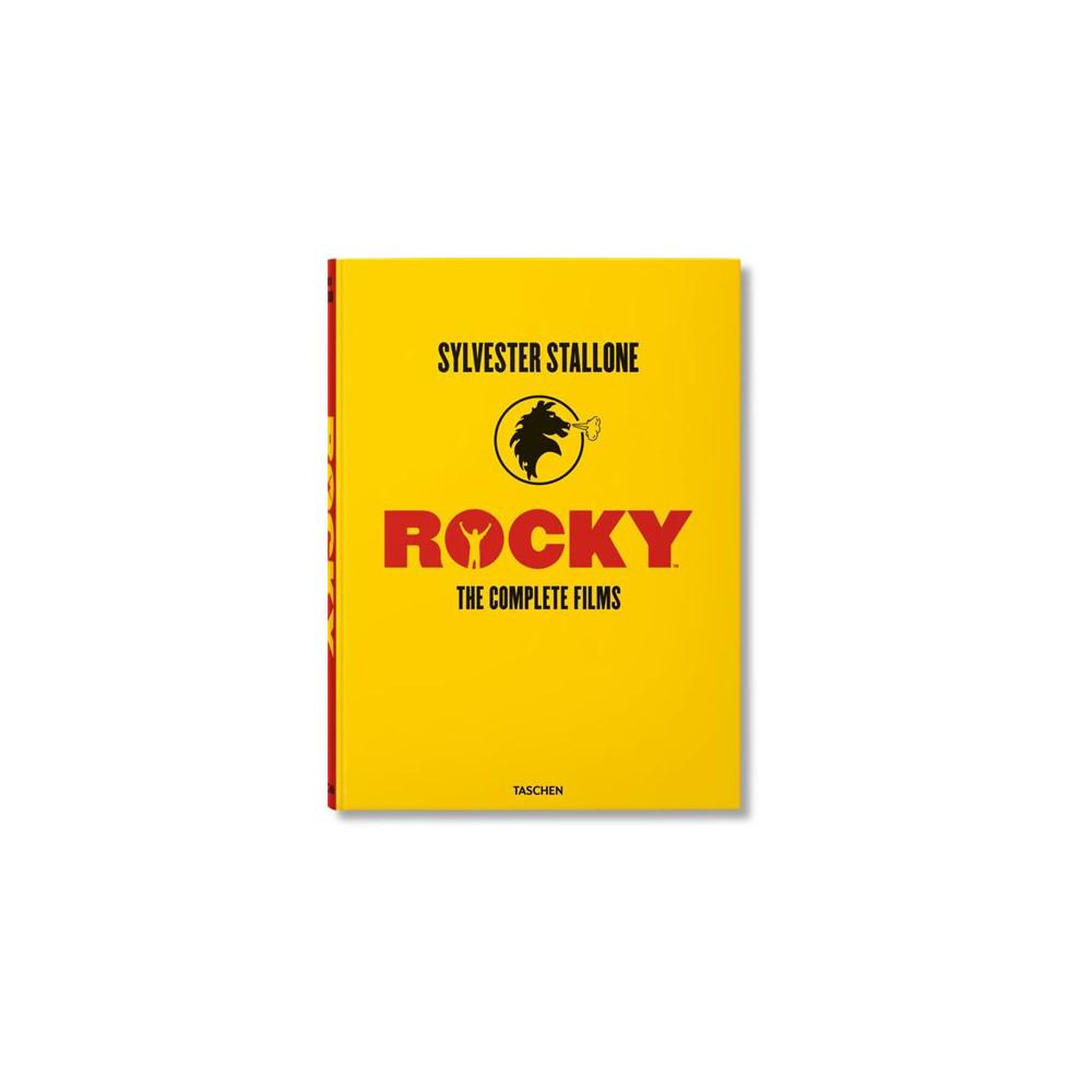 Coffret de livres rocky: the complete films – sylvester stallone, édition anglaise, couverture jaune avec texte rouge et noir et logo boxeur noir