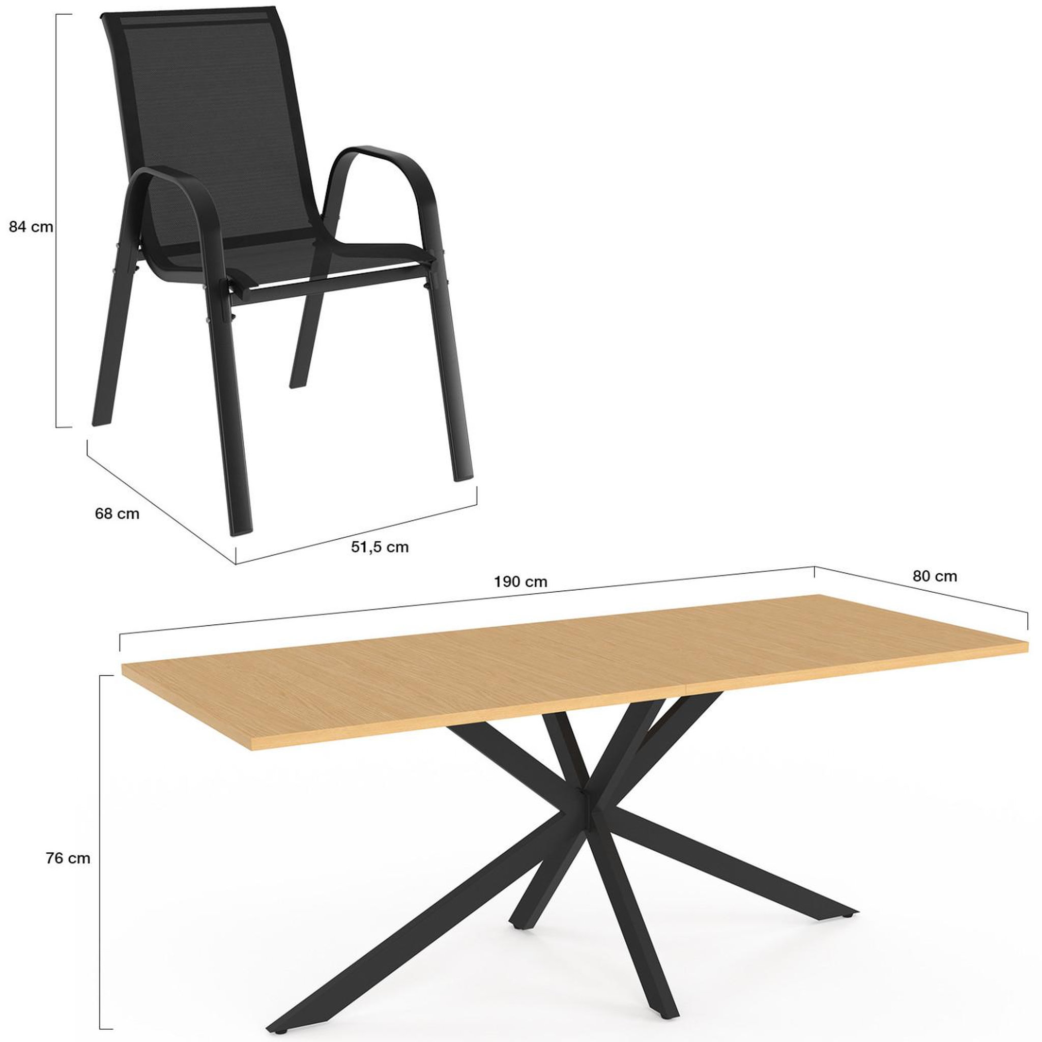 Voir la diapositive 5 : ID MARKET Salon de jardin messina table 190 cm pied araignée plateau métal effet bois et 8 chaises empilables noires
