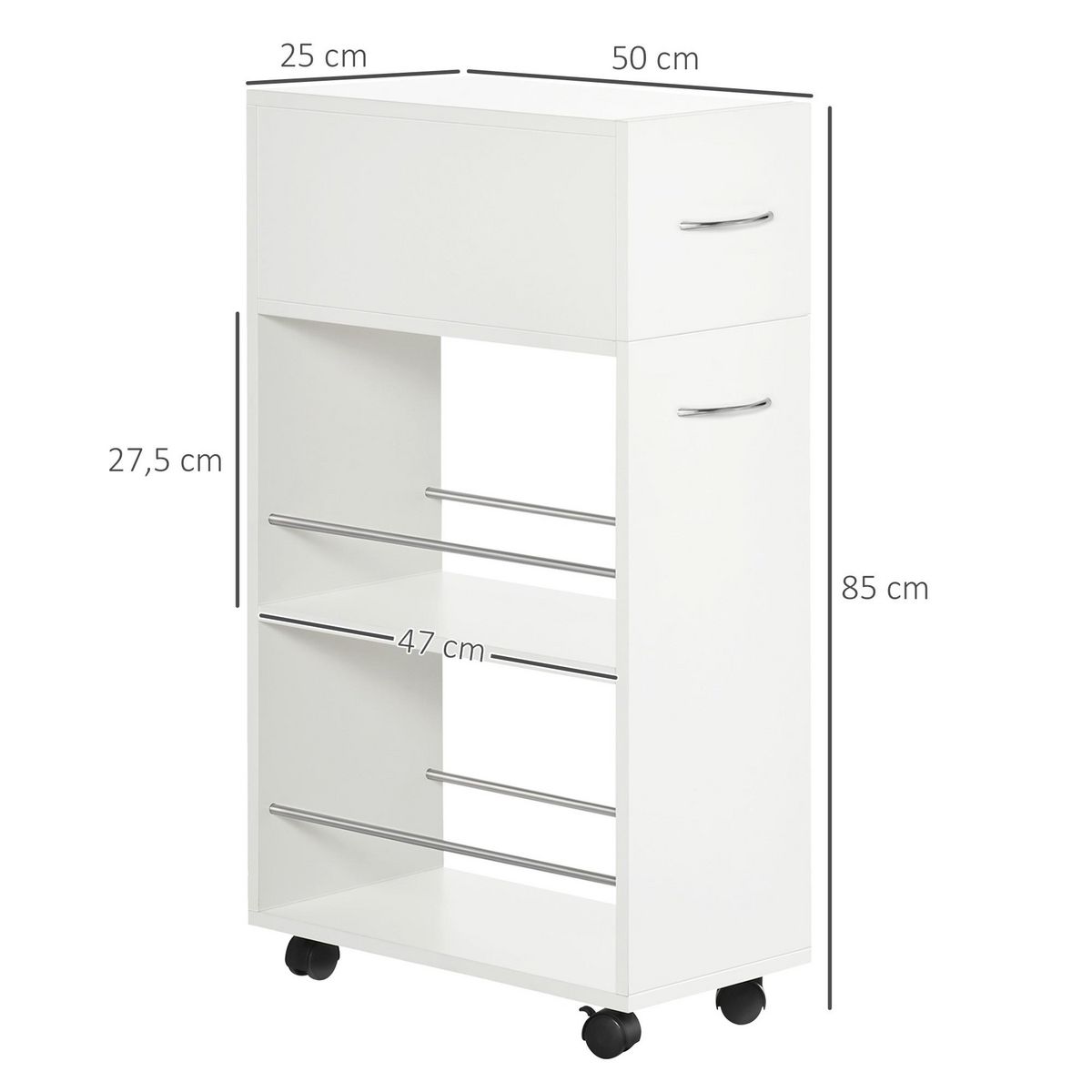 HOMCOM Chariot desserte de cuisine - tiroir, 2 étagères - dim. 25L x 50l x 85H cm - panneaux acier blanc