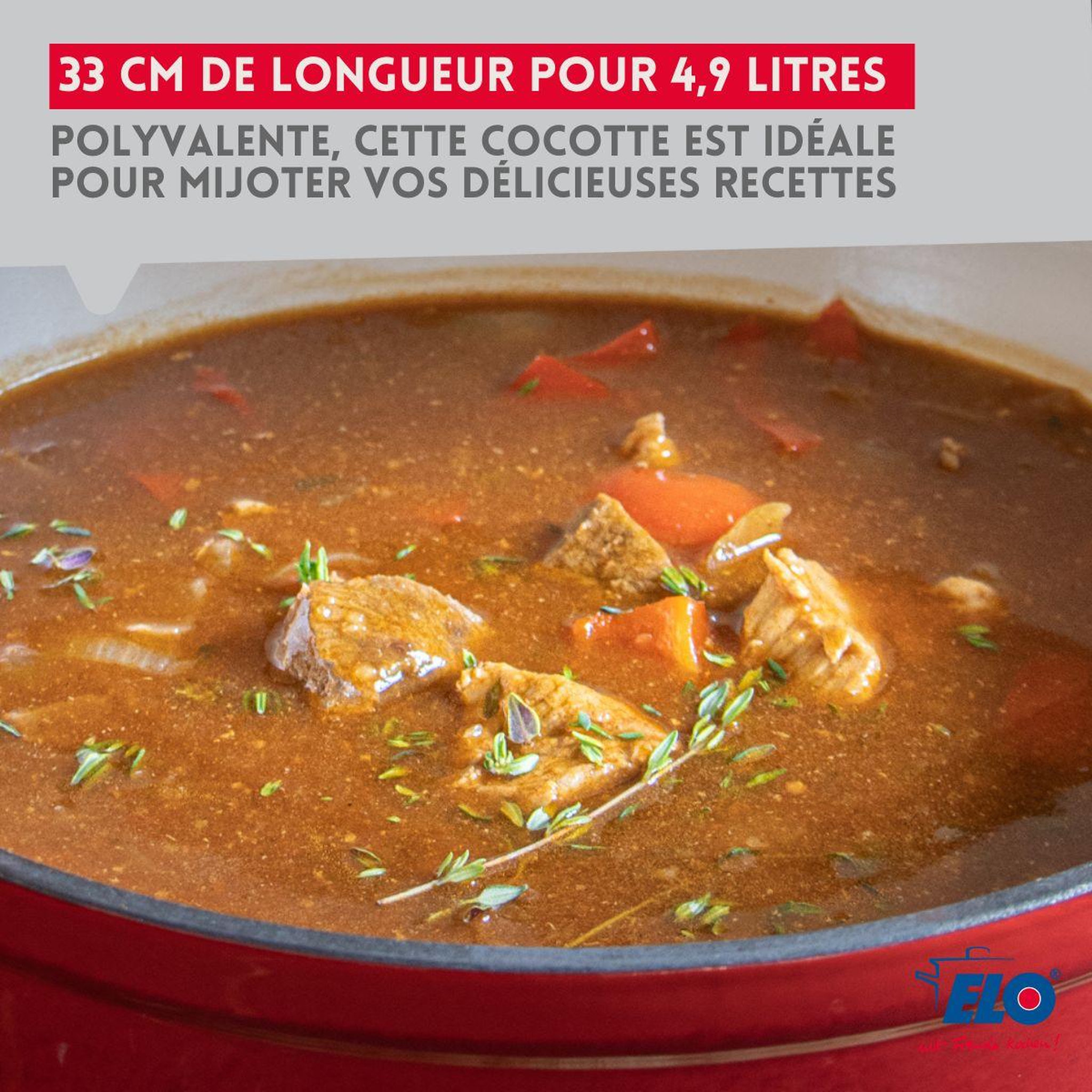 Voir la diapositive 5 : ELO Cocotte ovale en fonte émaillée 33 cm de long rouge cerise 4,9 L Elo