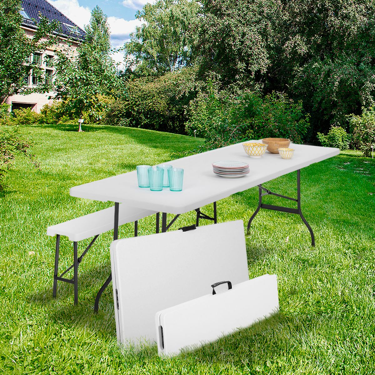 ID MARKET Table pliante d'appoint portable 180 CM et 2 bancs pliables pour camping ou réception