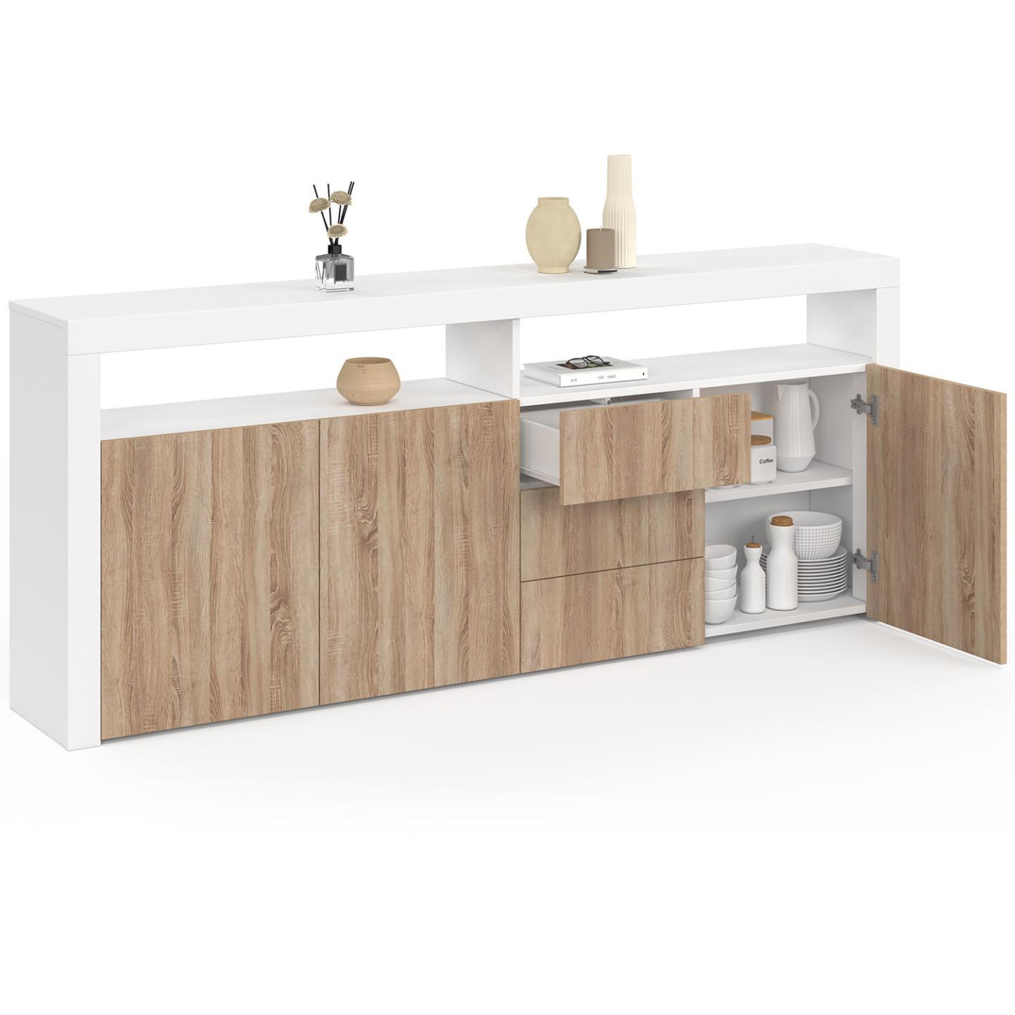 Voir la diapositive 4 : ID MARKET Buffet 180 cm elight xxl 3 portes et 3 tiroirs avec led et niches blanc et bois façon hêtre
