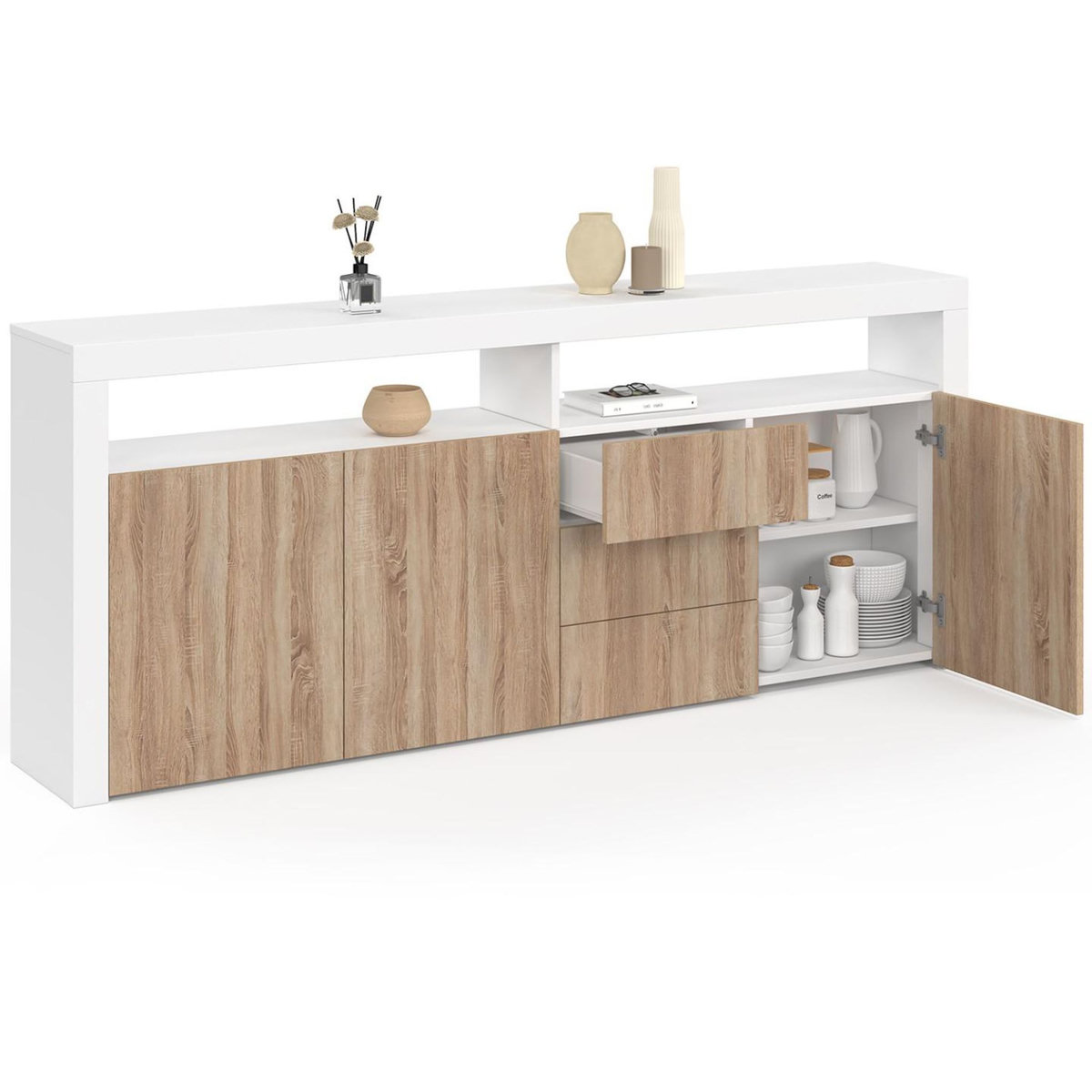 ID MARKET Buffet 180 cm ELIGHT XXL 3 portes et 3 tiroirs avec LED et niches blanc et bois façon hêtre