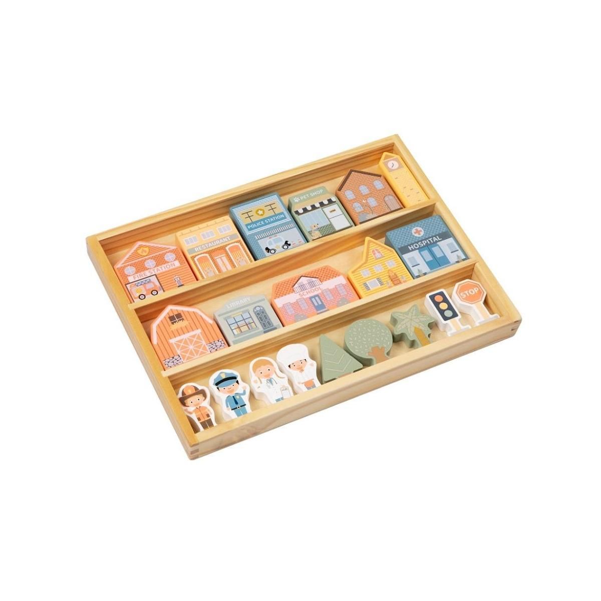 ELINELI Blocs de ville en bois- Maisons, personnages et accessoires