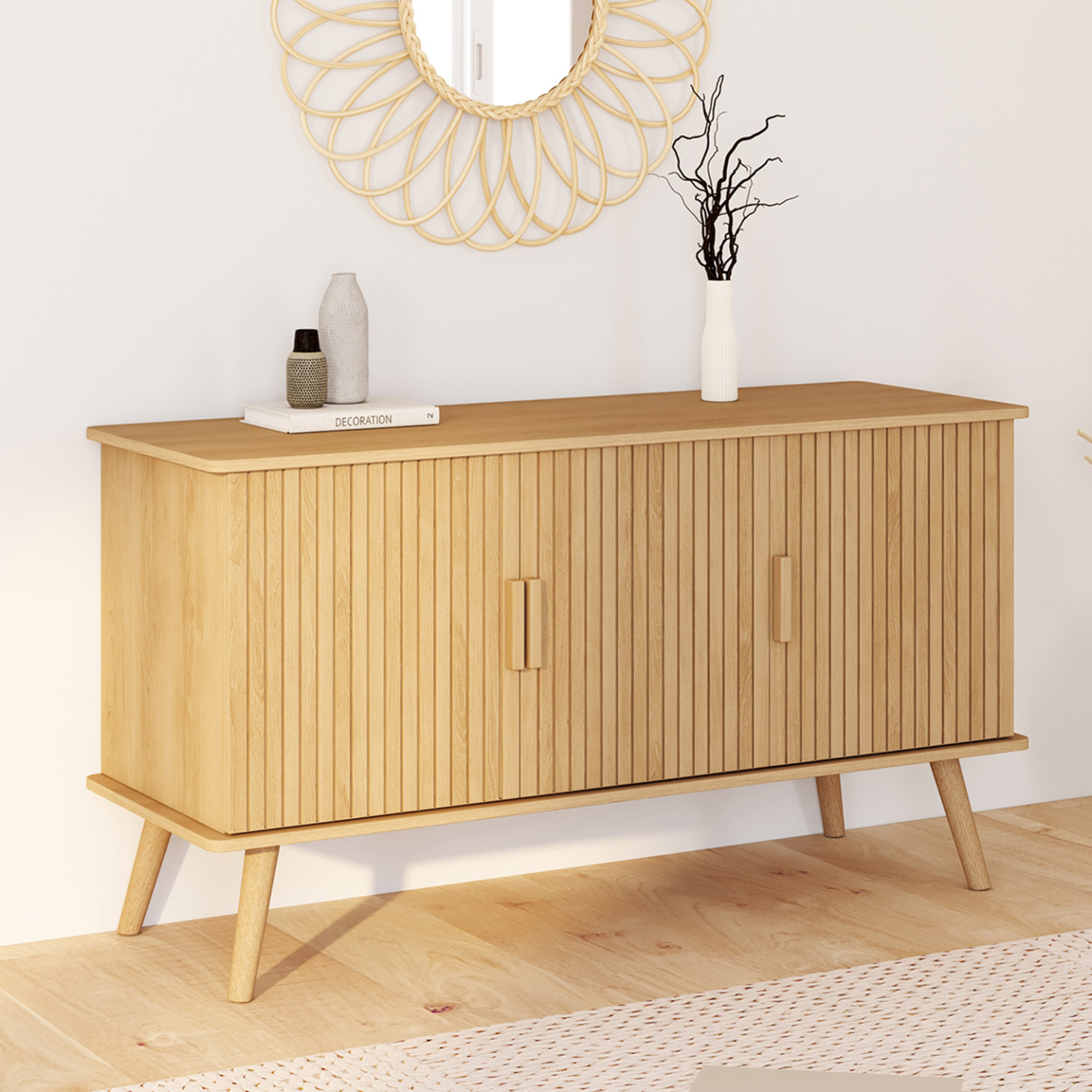 Voir la diapositive 2 : ID MARKET Buffet 110 cm juliette 3 portes lattes tasseau bois coloris chêne