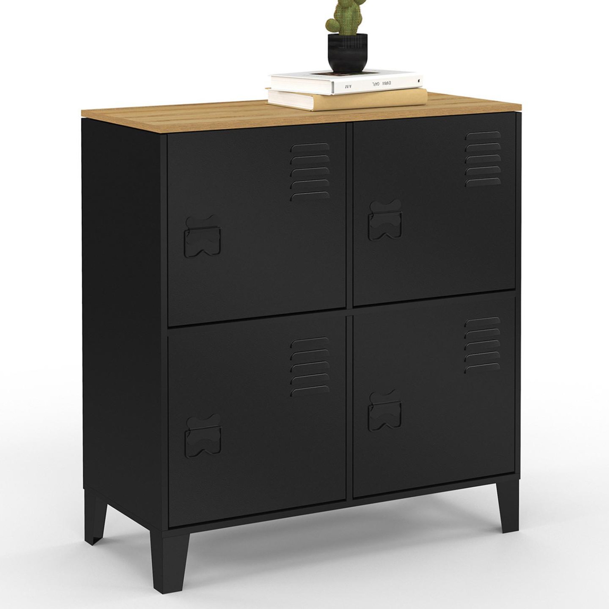 ID MARKET Buffet d'appoint casier 70 cm ester 4 portes en métal noir plateau bois design industriel