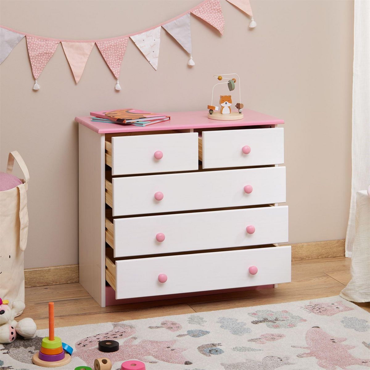 IDIMEX Commode en pin RONDO, 2+3 tiroirs