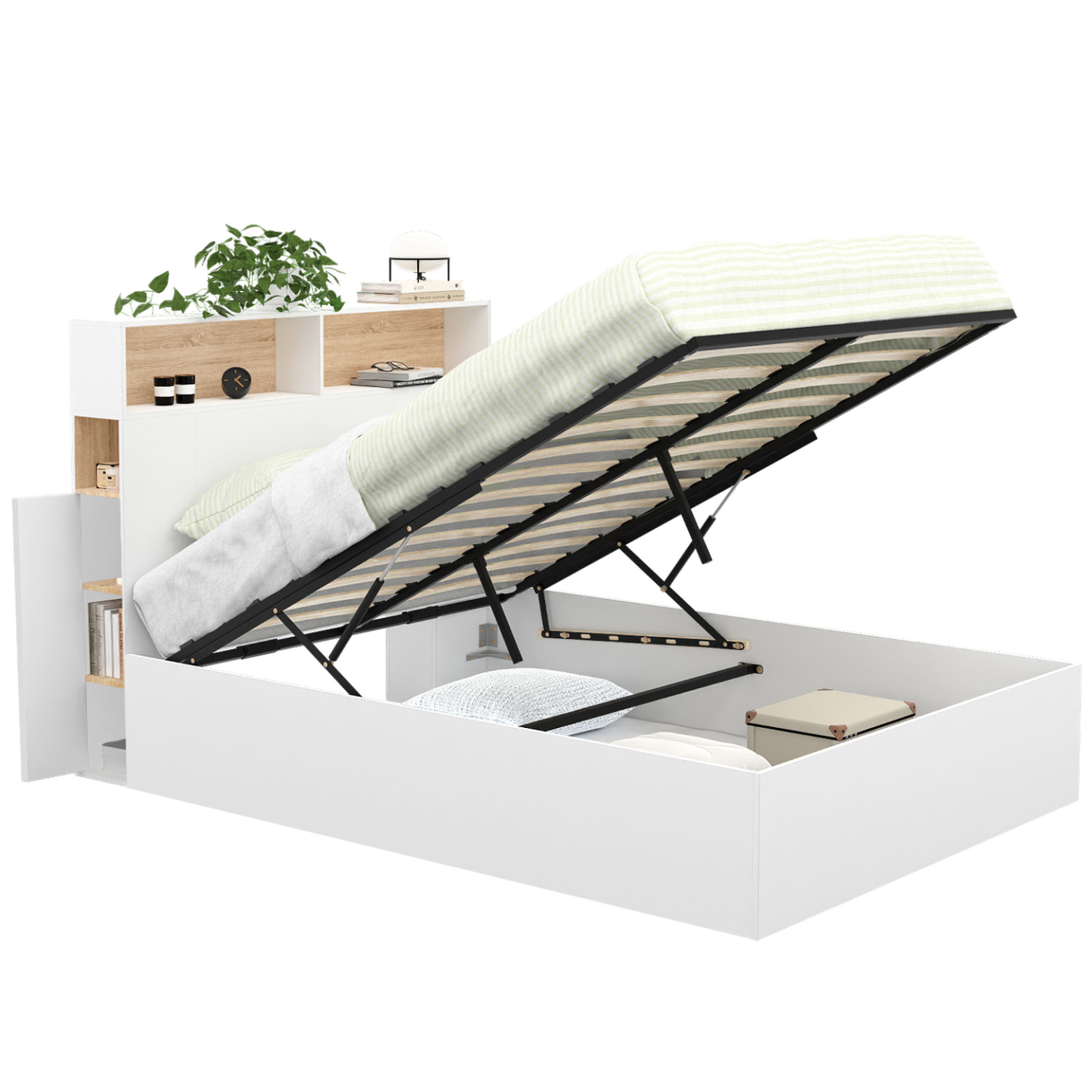 ID MARKET Lit coffre double clyde avec tête de lit + rangements et sommier 140 x 190 cm blanc et façon hêtre