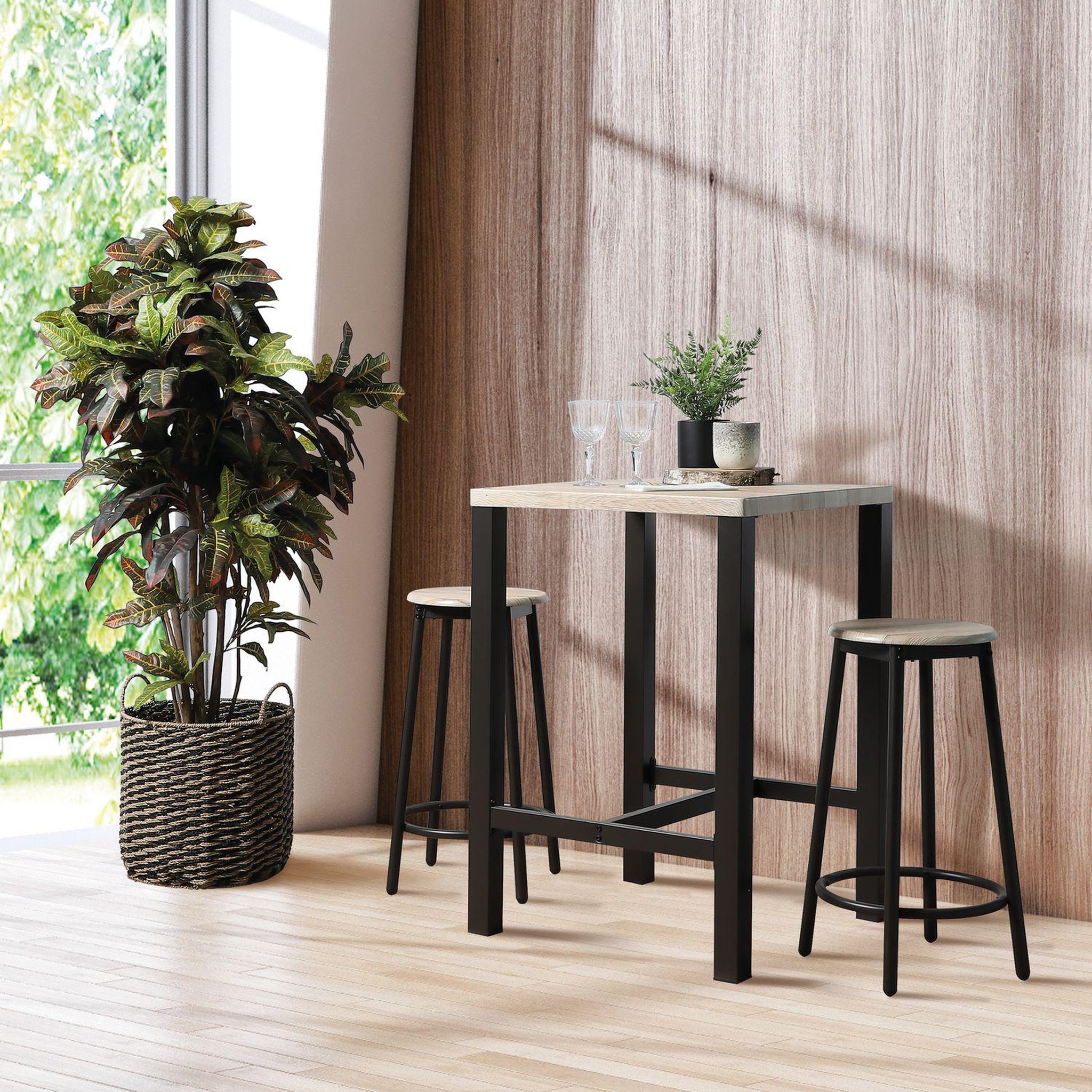 Voir la diapositive 2 : DIVERS Table de bar carrée avec 2 tabourets ronds design industriel dock - noir