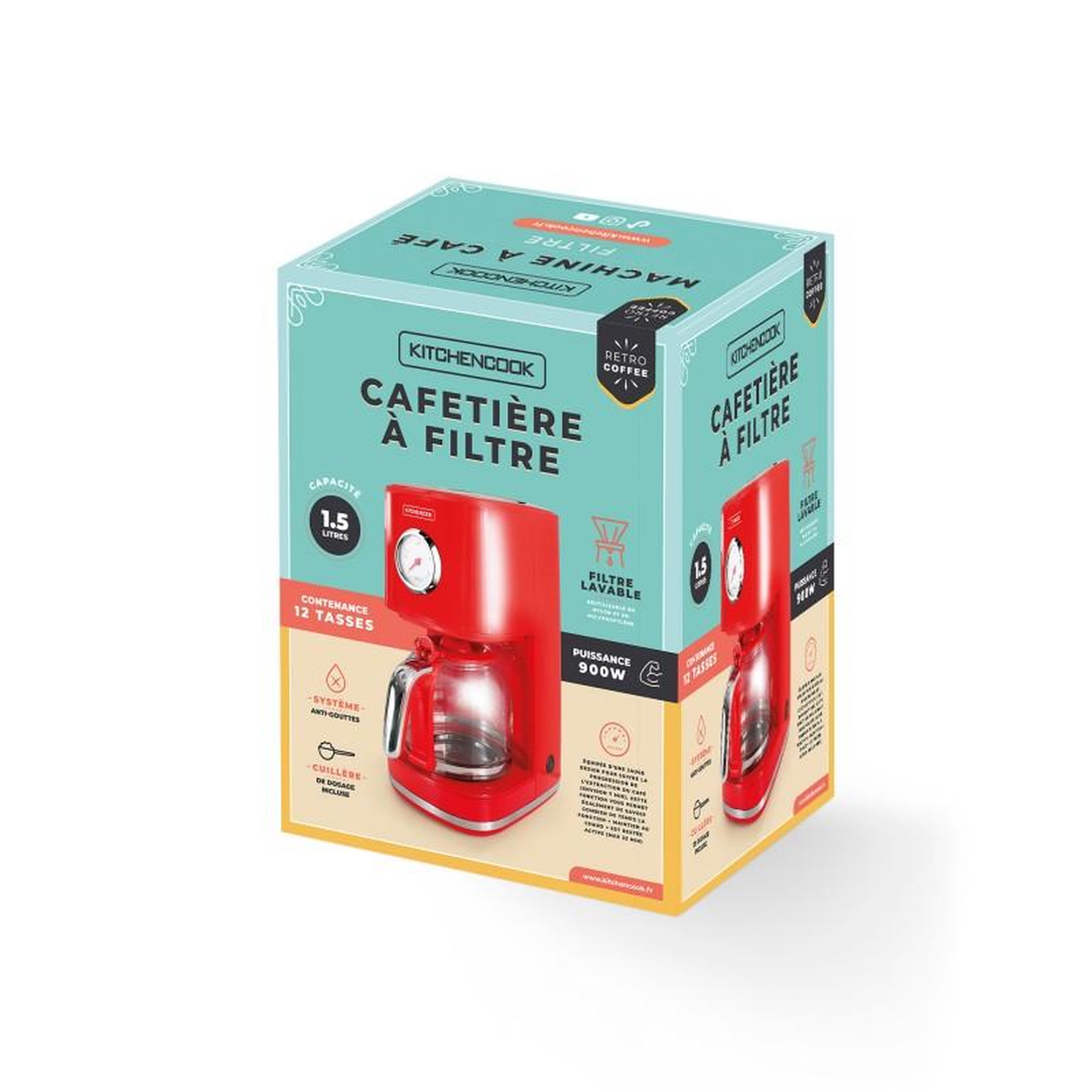 Voir la diapositive 6 : KITCHENCOOK Kitchencook - Cafetière Filtre Rétro 1,5l - Filtre Réutilisable Nylon - Arrêt Automatique - Maintien Au Chaud