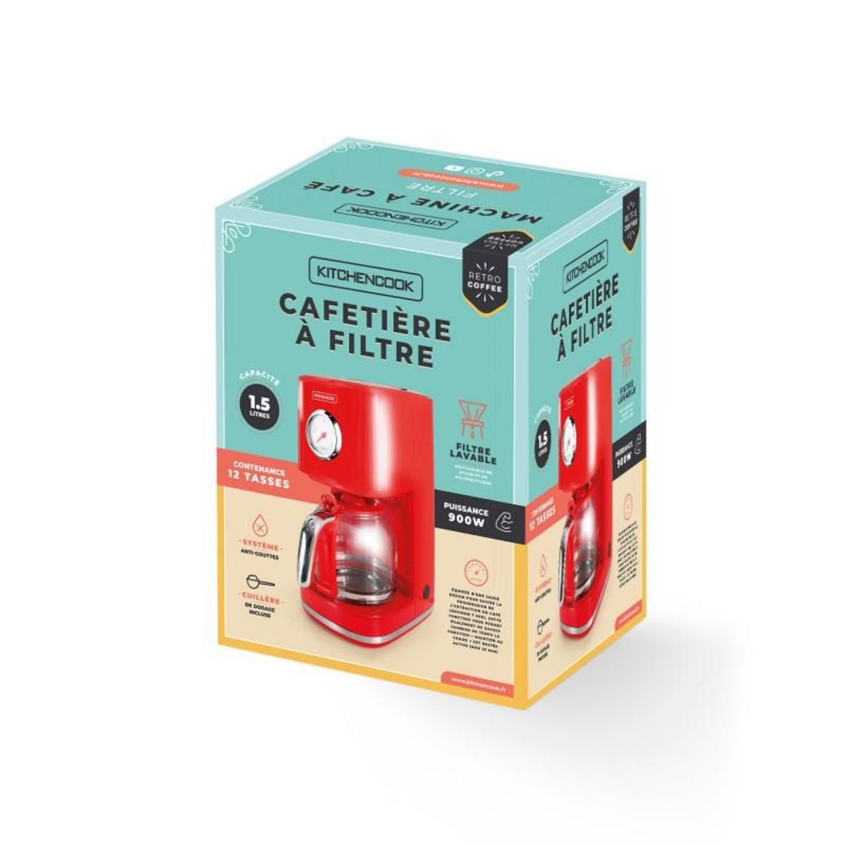KITCHENCOOK Kitchencook - Cafetière Filtre Rétro 1,5l - Filtre Réutilisable Nylon - Arrêt Automatique - Maintien Au Chaud