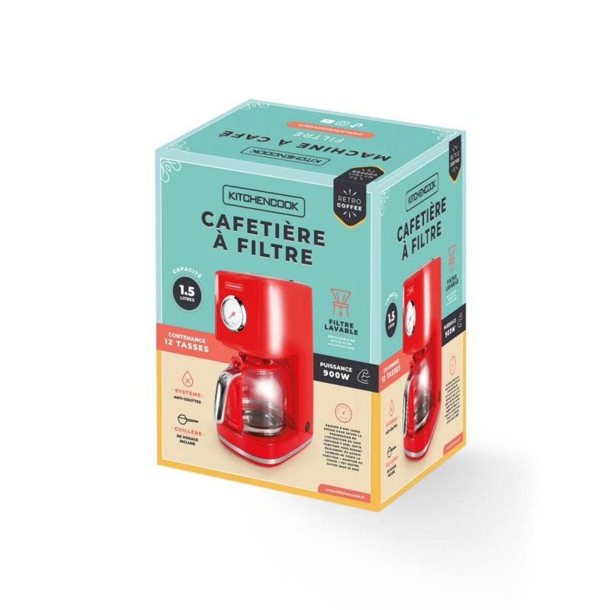 KITCHENCOOK Kitchencook - Cafetière Filtre Rétro 1,5l - Filtre Réutilisable Nylon - Arrêt Automatique - Maintien Au Chaud