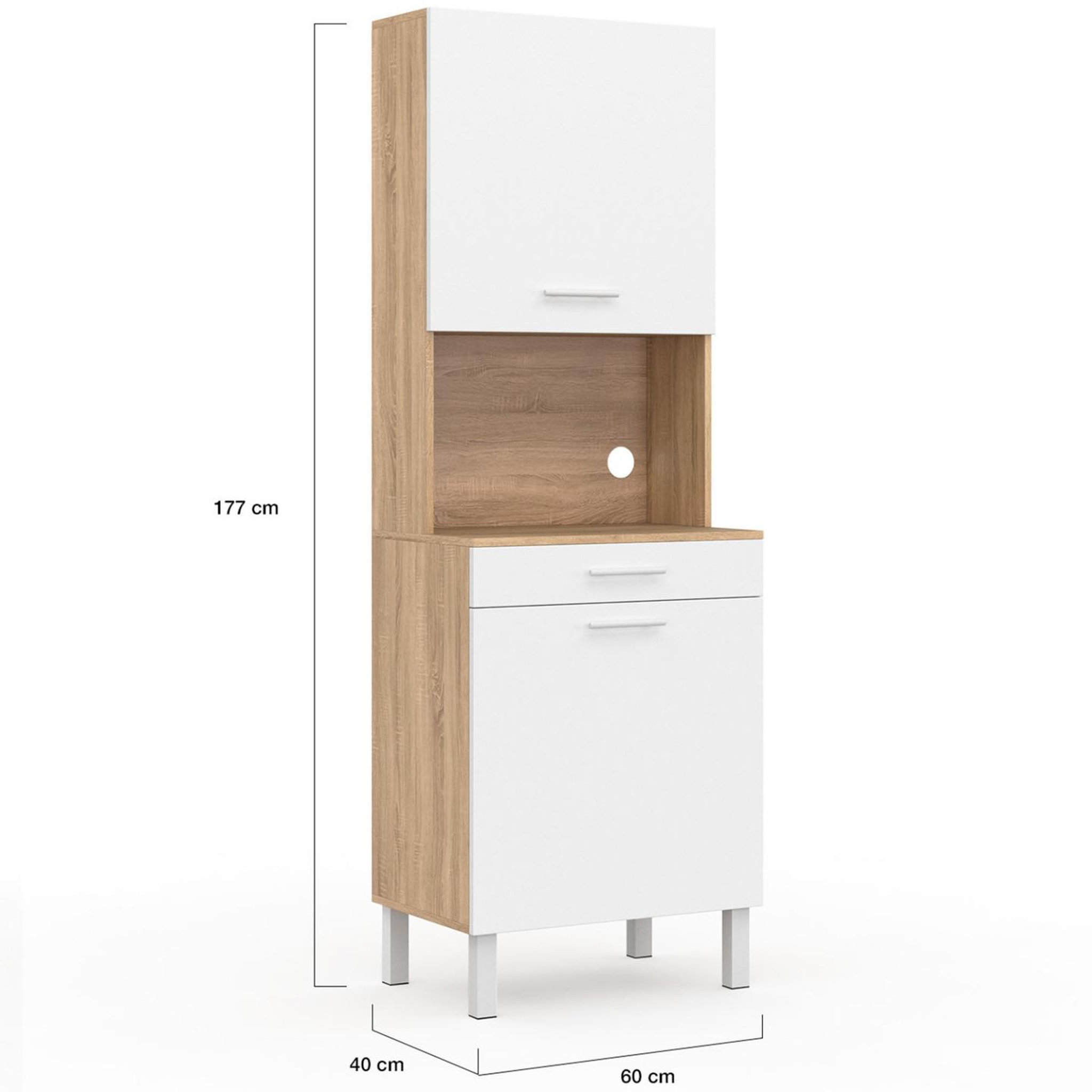 Voir la diapositive 5 : ID MARKET Buffet de cuisine 60 cm cina 2 portes + tiroir façon hêtre et blanc