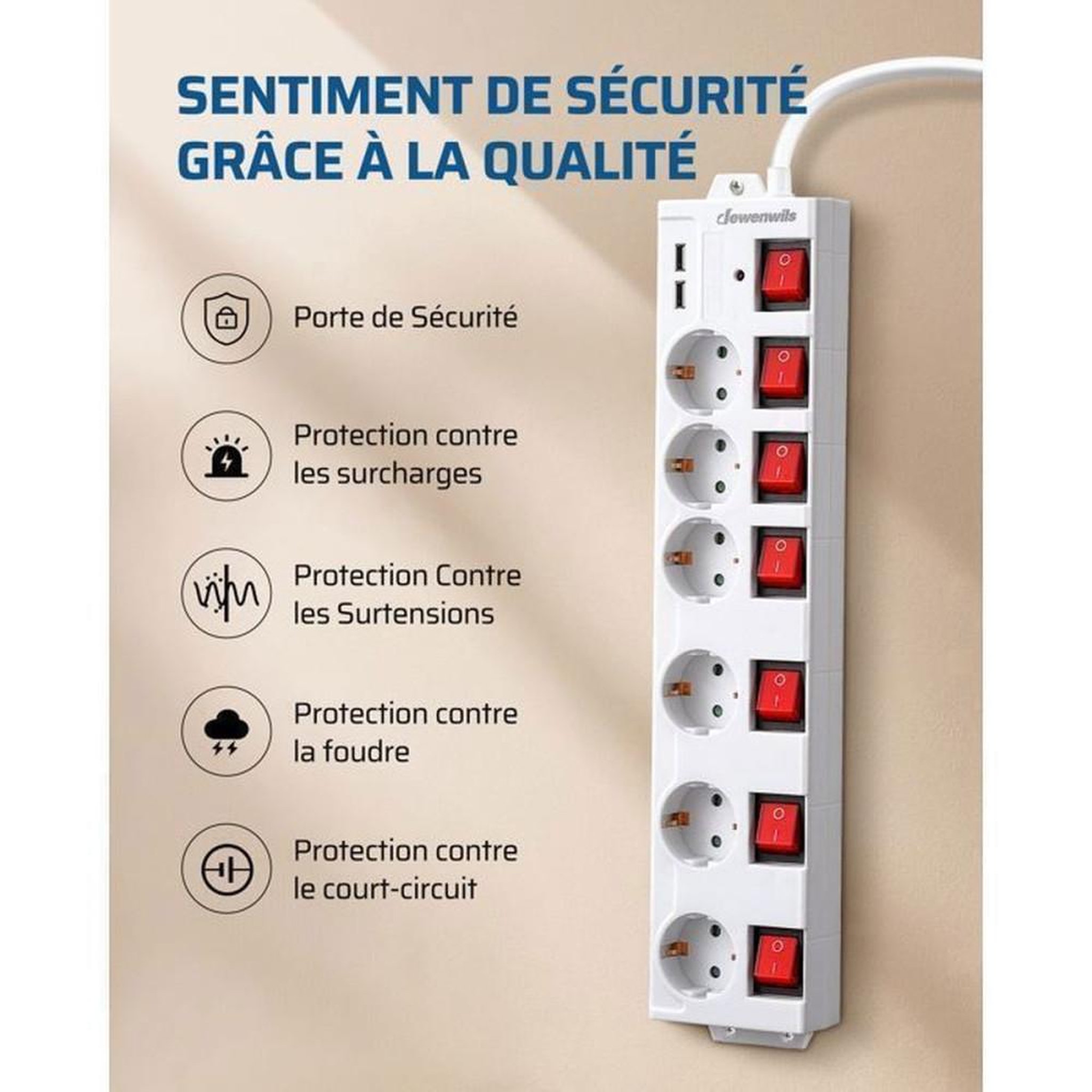 Voir la diapositive 5 : Multiprise parafoudre blanc 6 prises secteur + 2 USB 16A 3680W, câble 3 m, 7 interrupteurs bipolaires avec voyants LED