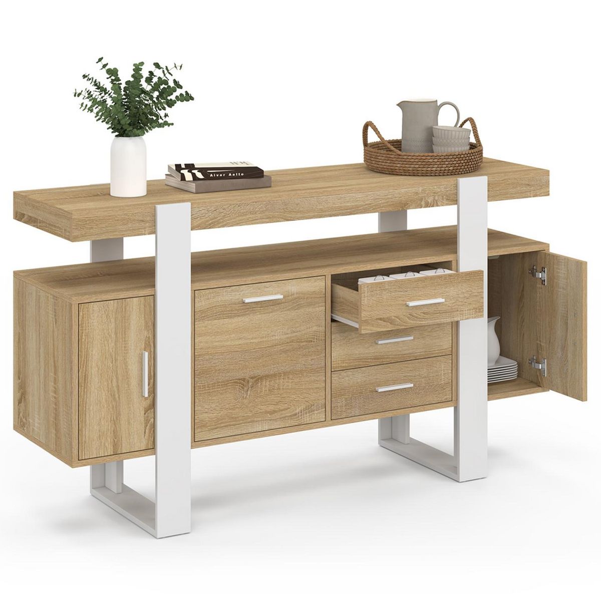 ID MARKET Buffet 140 cm PHOENIX 3 portes et 3 tiroirs bois et blanc