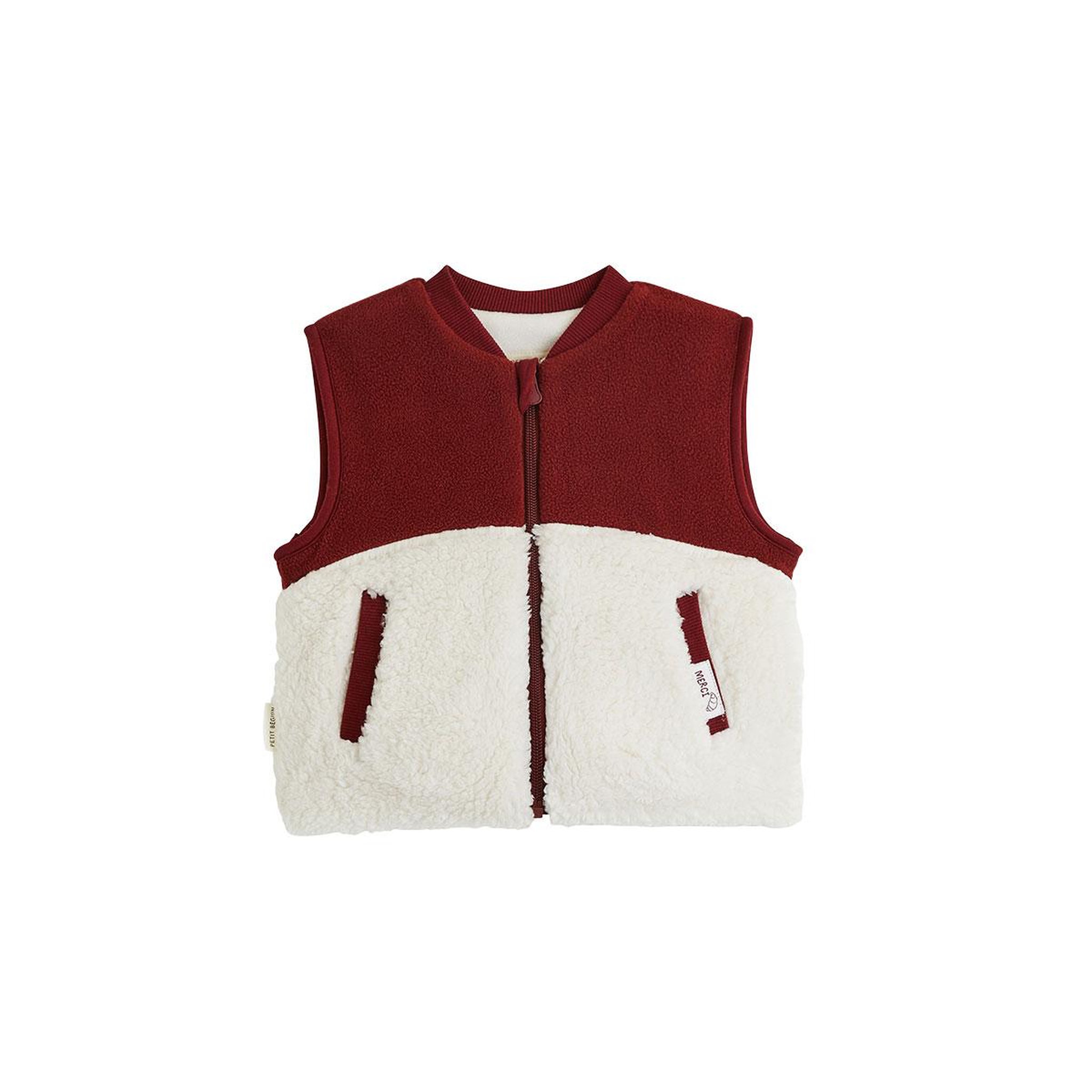 PETIT BEGUIN Veste sans manches enfant en sherpa pistache. Coloris disponibles : Rouge